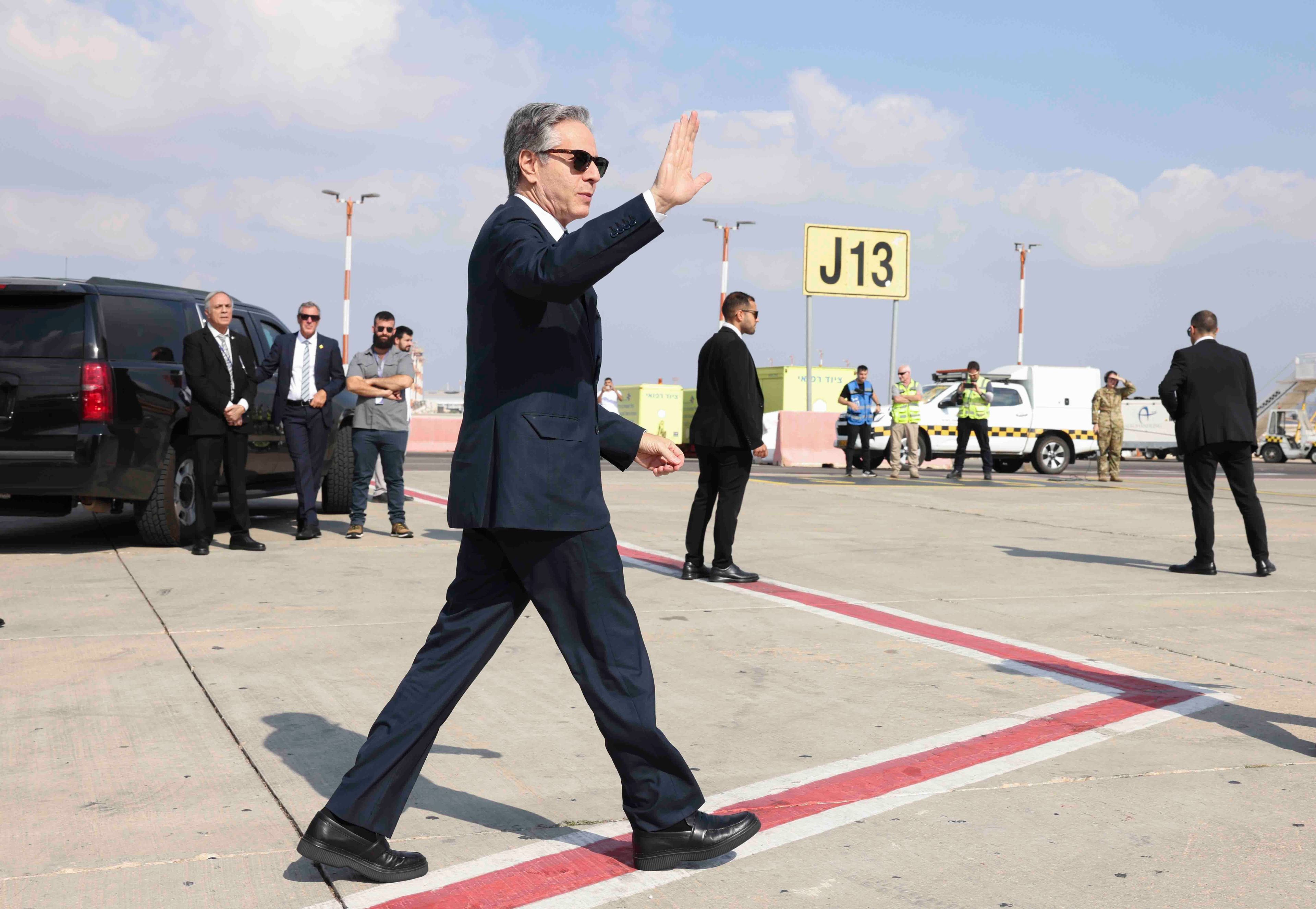 U.S. Secretary of State Antony Blinken gestures as he departs for Egypt, in Tel Aviv, Israel, Aug. 20, 2024. (Kevin Mohatt//Pool Photo via AP)