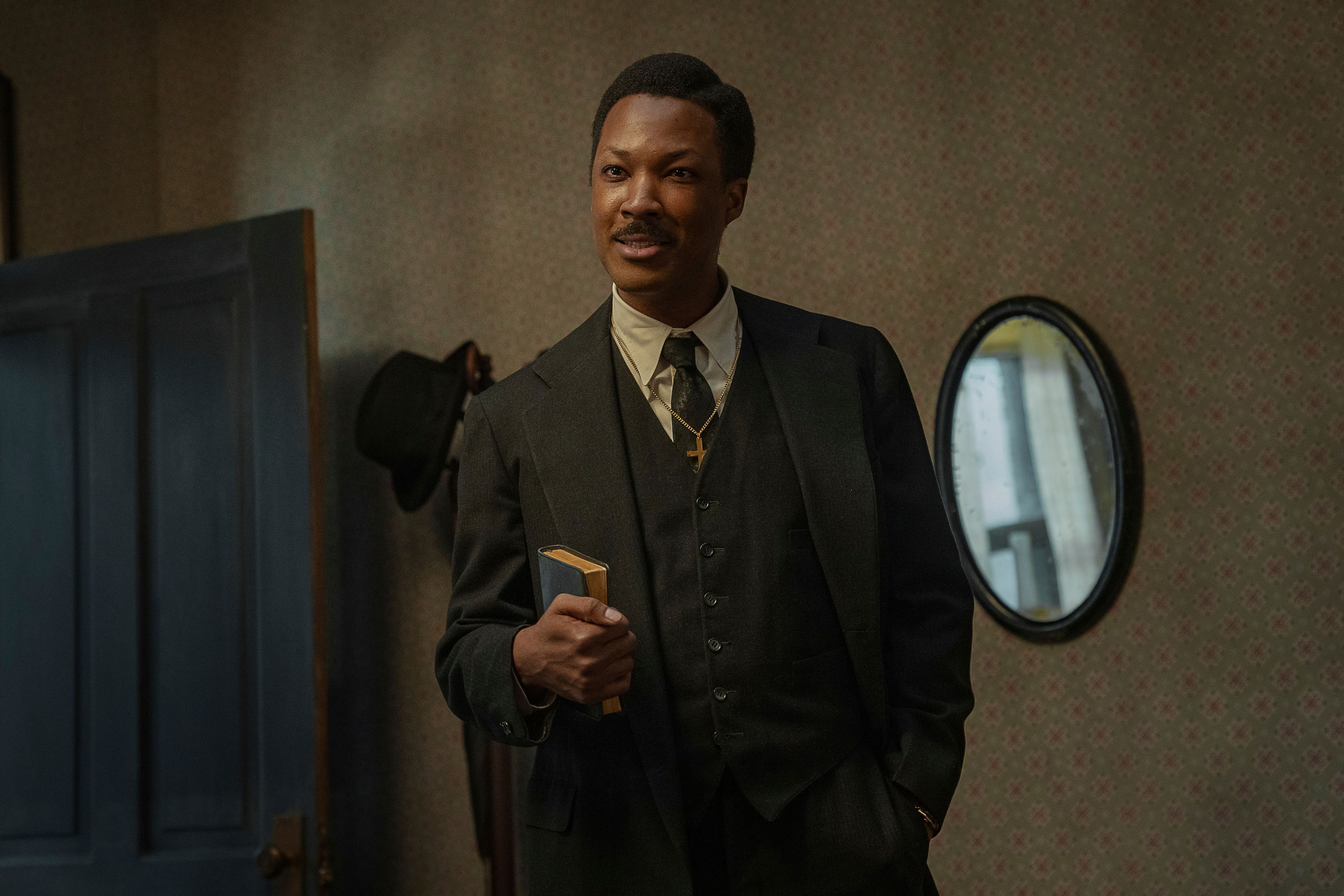 This image released by Netflix shows Corey Hawkins in a scene from "The Piano Lesson." (David Lee/Netflix via AP)