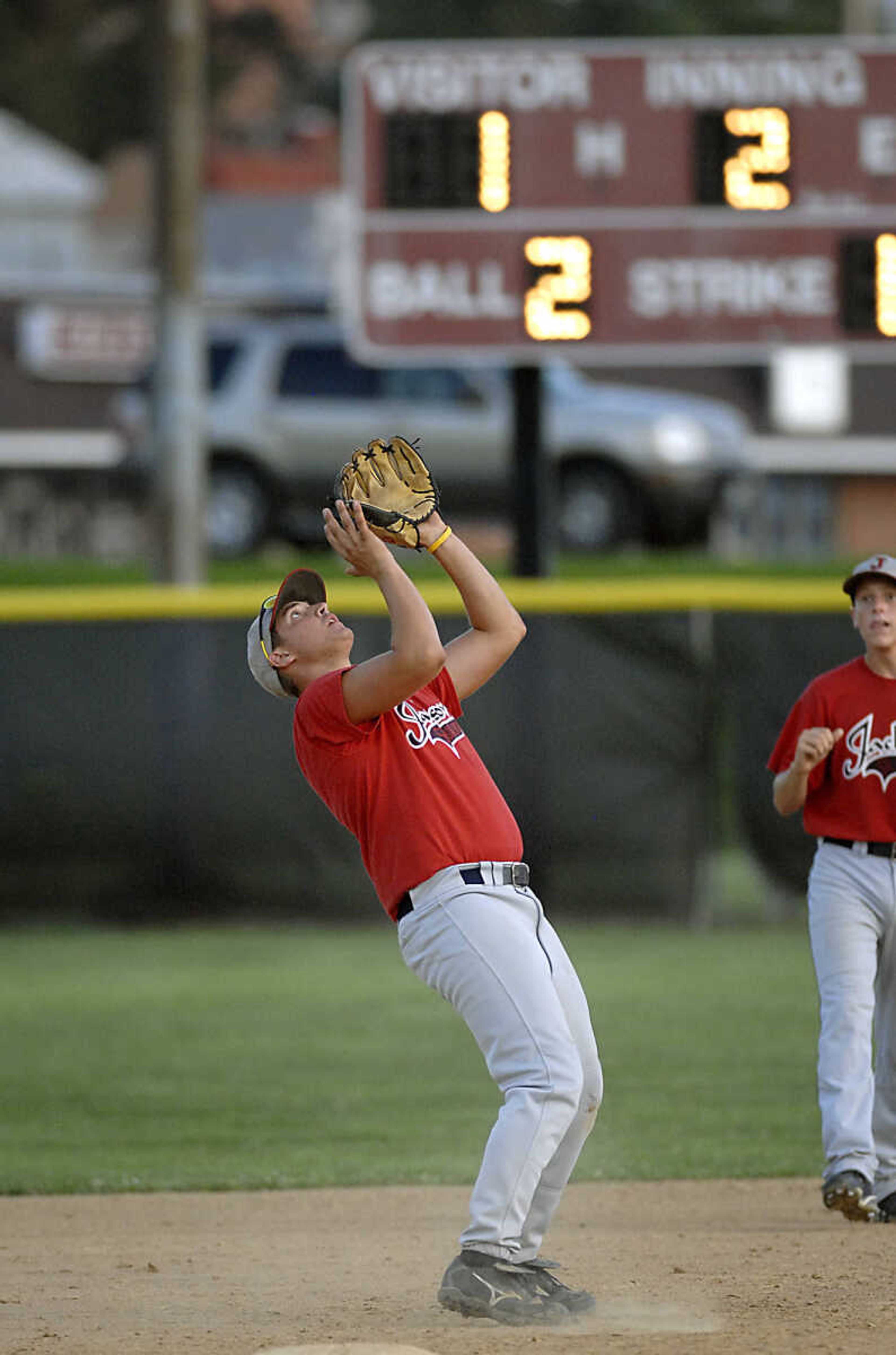 KIT DOYLE ~ kdoyle@semissourian.com
Jackson Sr. Babe Ruth shortstop Bryant Steffens lines up under a pop fly Friday, July 24, 2009, at Jackson City Park.