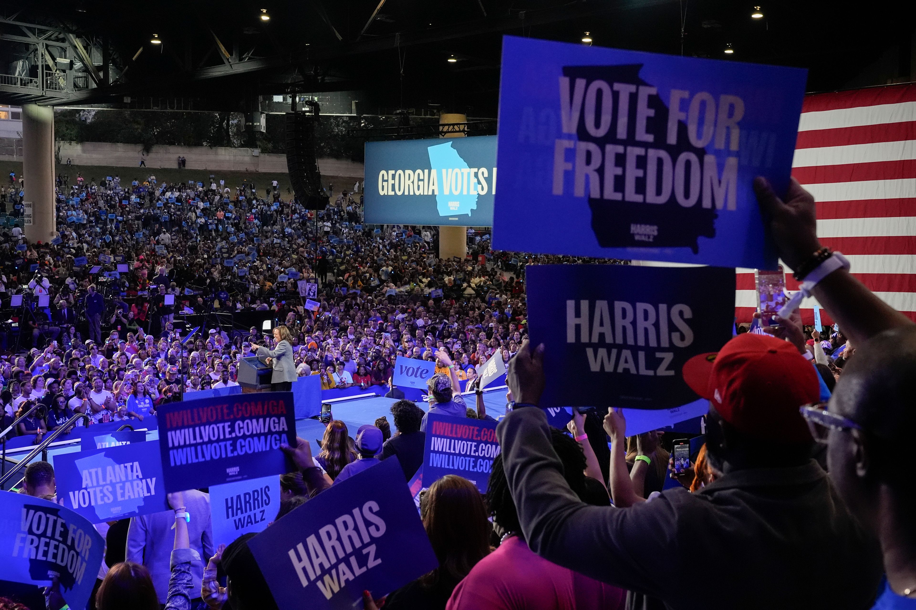 Democratic presidential nominee Vice President Kamala Harris speaks during a campaign event at Lakewood Amphitheatre, Saturday, Oct. 19, 2024, in Atlanta. (AP Photo/Jacquelyn Martin)