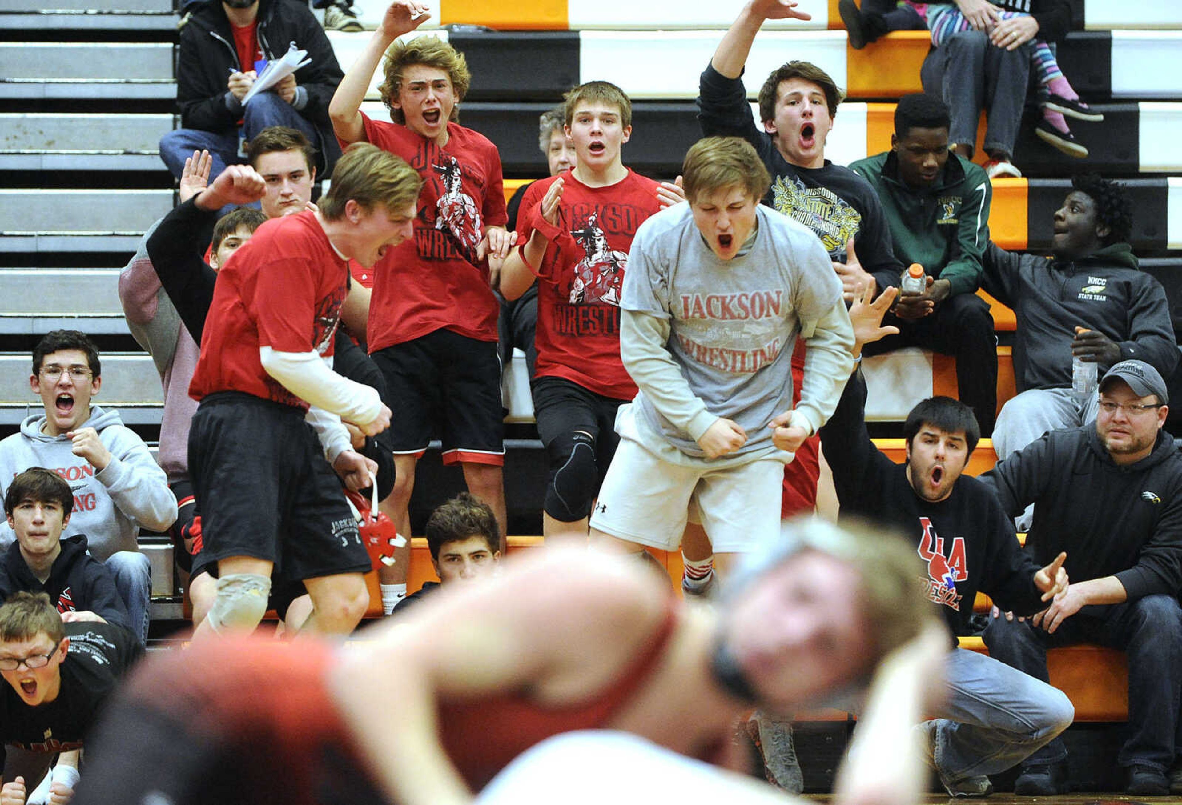 FRED LYNCH ~ flynch@semissourian.com
Jackson fans cheer after Jake Byrd defeated Ste. Genevieve's Wade Dickens in the 126-pound championship match of the SEMO Conference Tournament on Saturday, Jan. 23, 2016 at Cape Central High School.