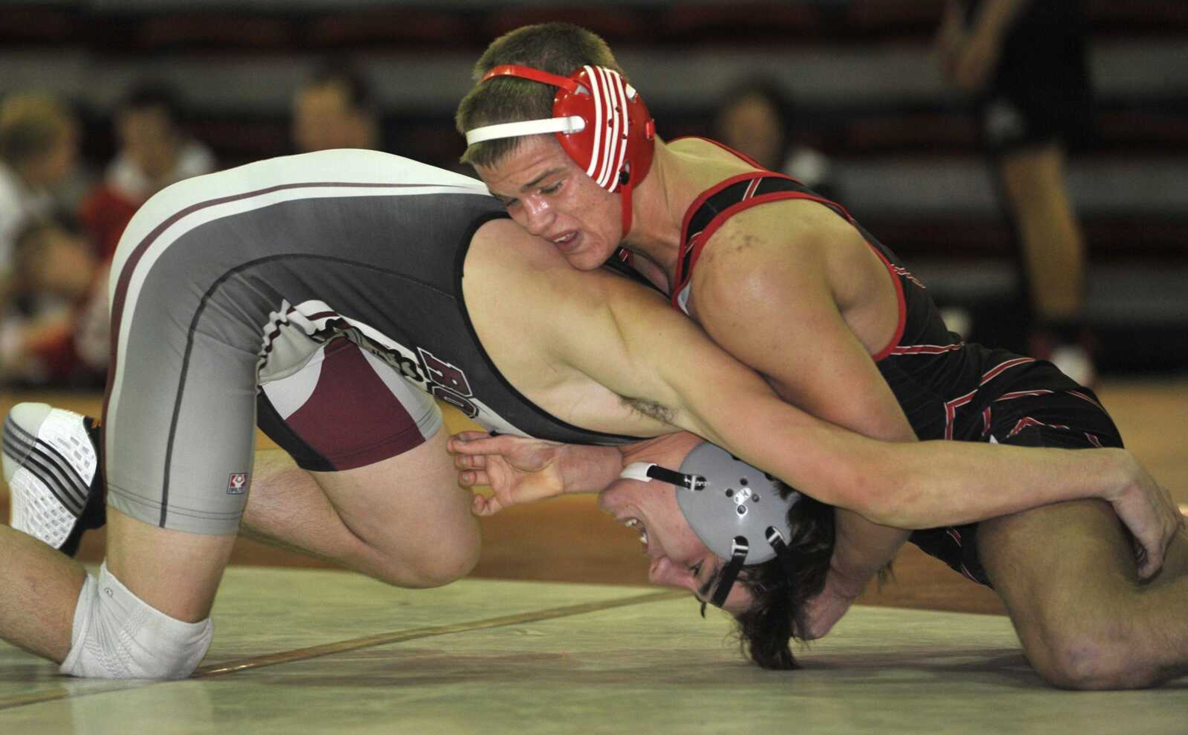 Jackson's Levi Hobeck has the advantage over Rolla's Joel Laney in the 145-pound championship match at the Tiger Classic Saturday. Hobeck won the match. (Fred Lynch)