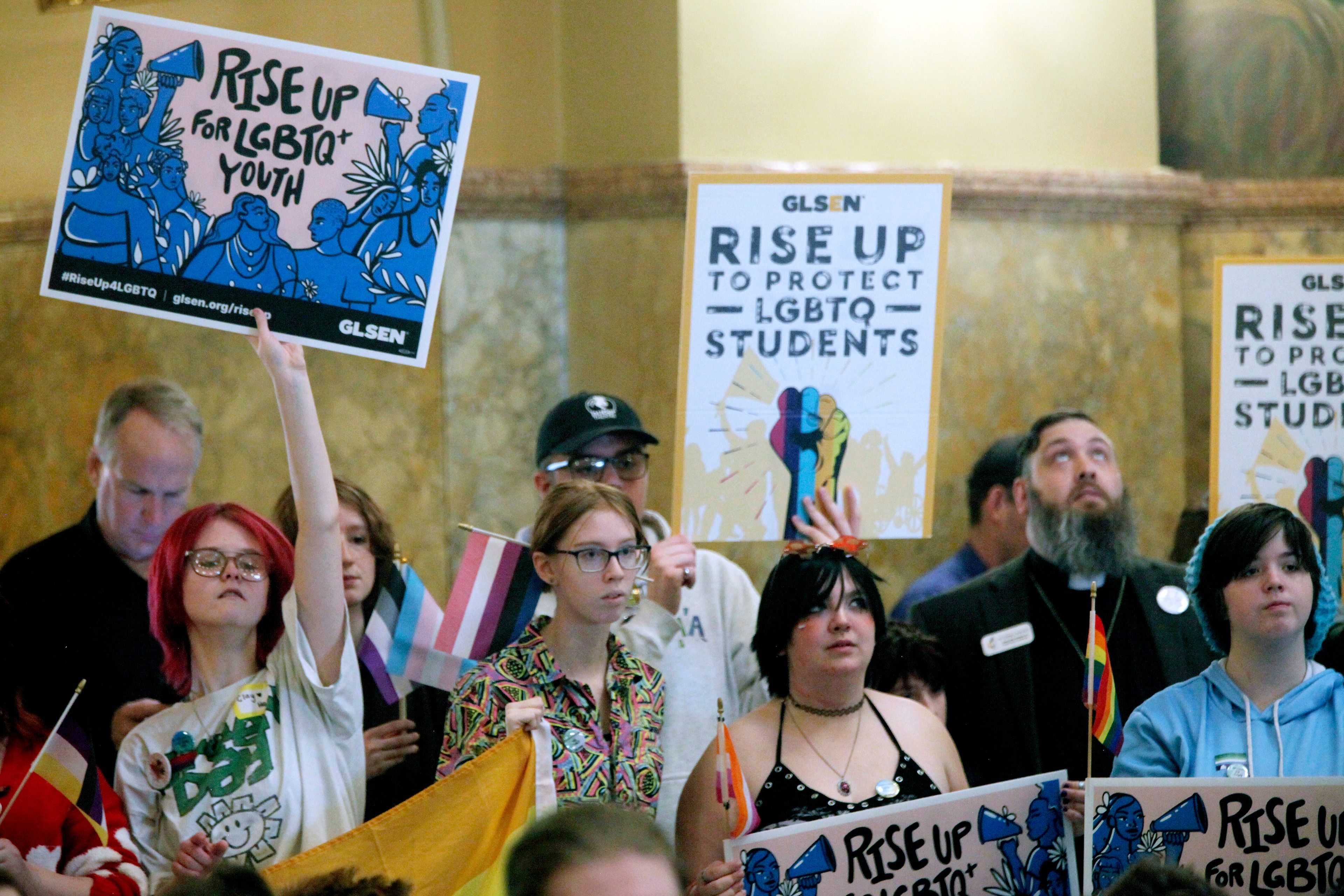 FILE - Kansas high school students, family members and advocates rally for transgender rights at the Statehouse in Topeka, Kan., on Jan. 31, 2024. (AP Photo/John Hanna, File)