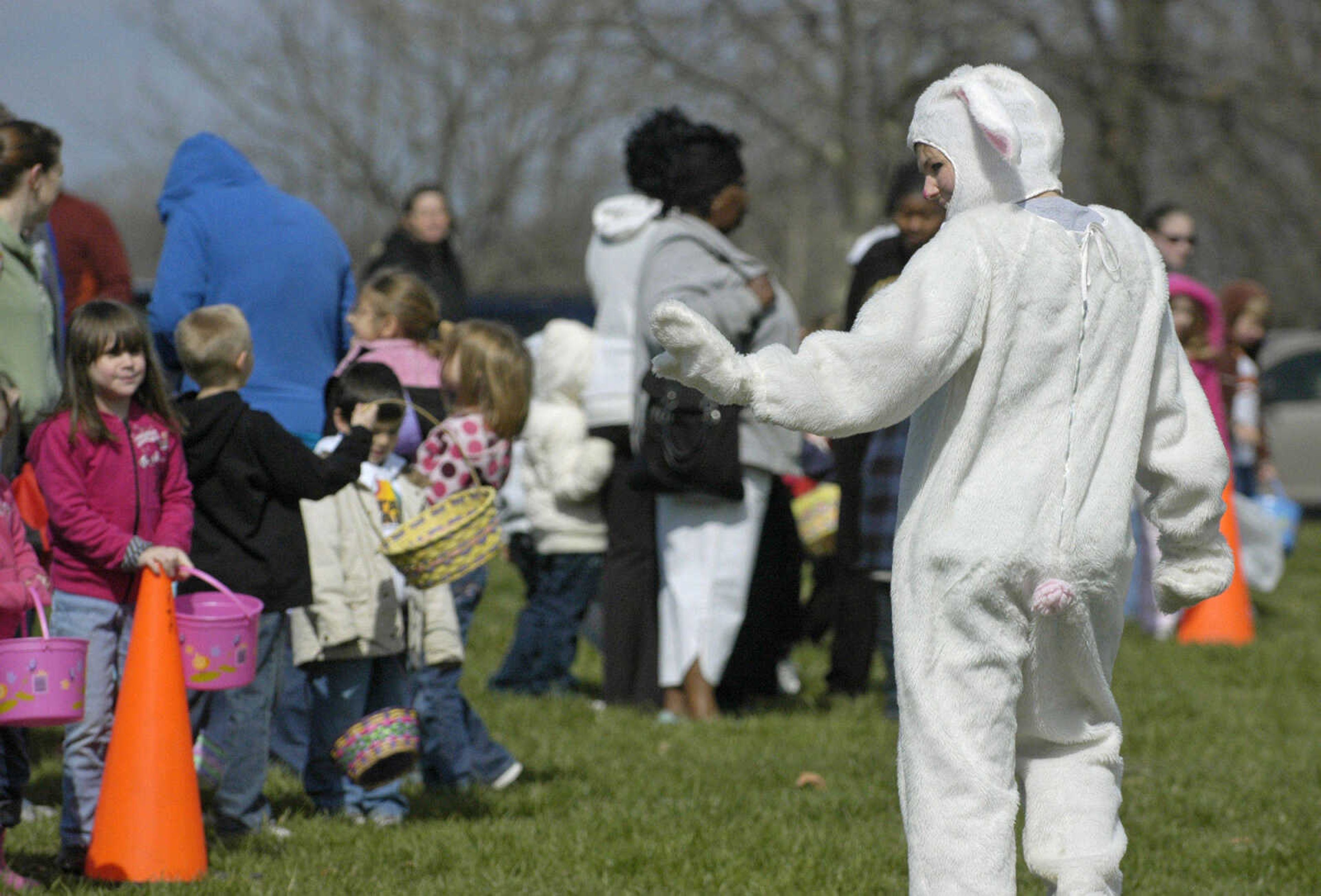 KRISTIN EBERTS ~ keberts@semissourian.com

Easter Bunny Tara Propst waves to children before the start of the Cape Girardeau Parks and Recreation easter egg hunt at Kiwanis Park in Cape Girardeau, Mo., on Saturday, March 27, 2010.