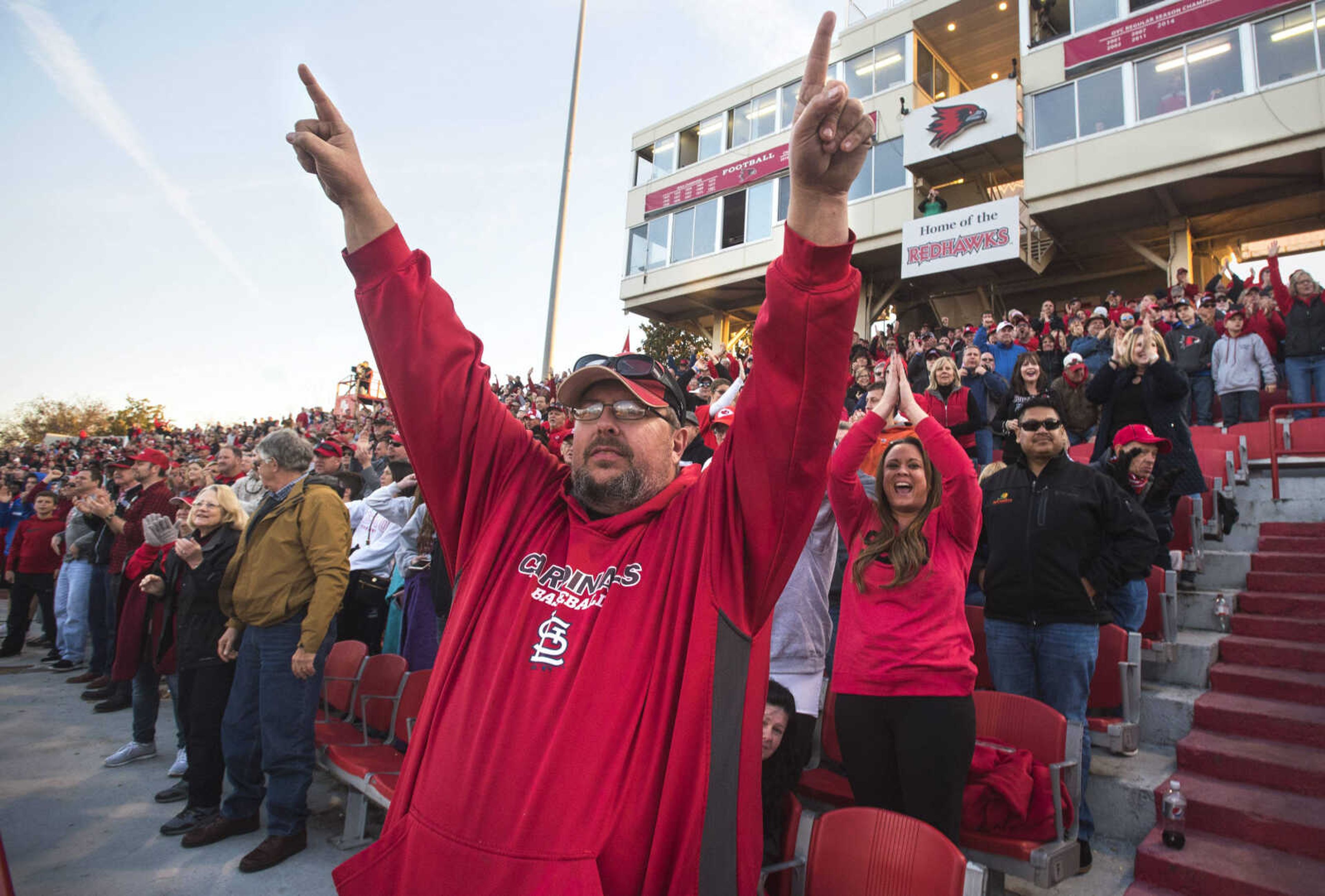 Rod Hurt of Jackson points to the sky as members of the Southeast Missouri State defense sack Stony Brook's quarterback in the final minutes of the fourth quarter of a Football Championship Subdivision playoff game Saturday at Houck Stadium in Cape Girardeau.