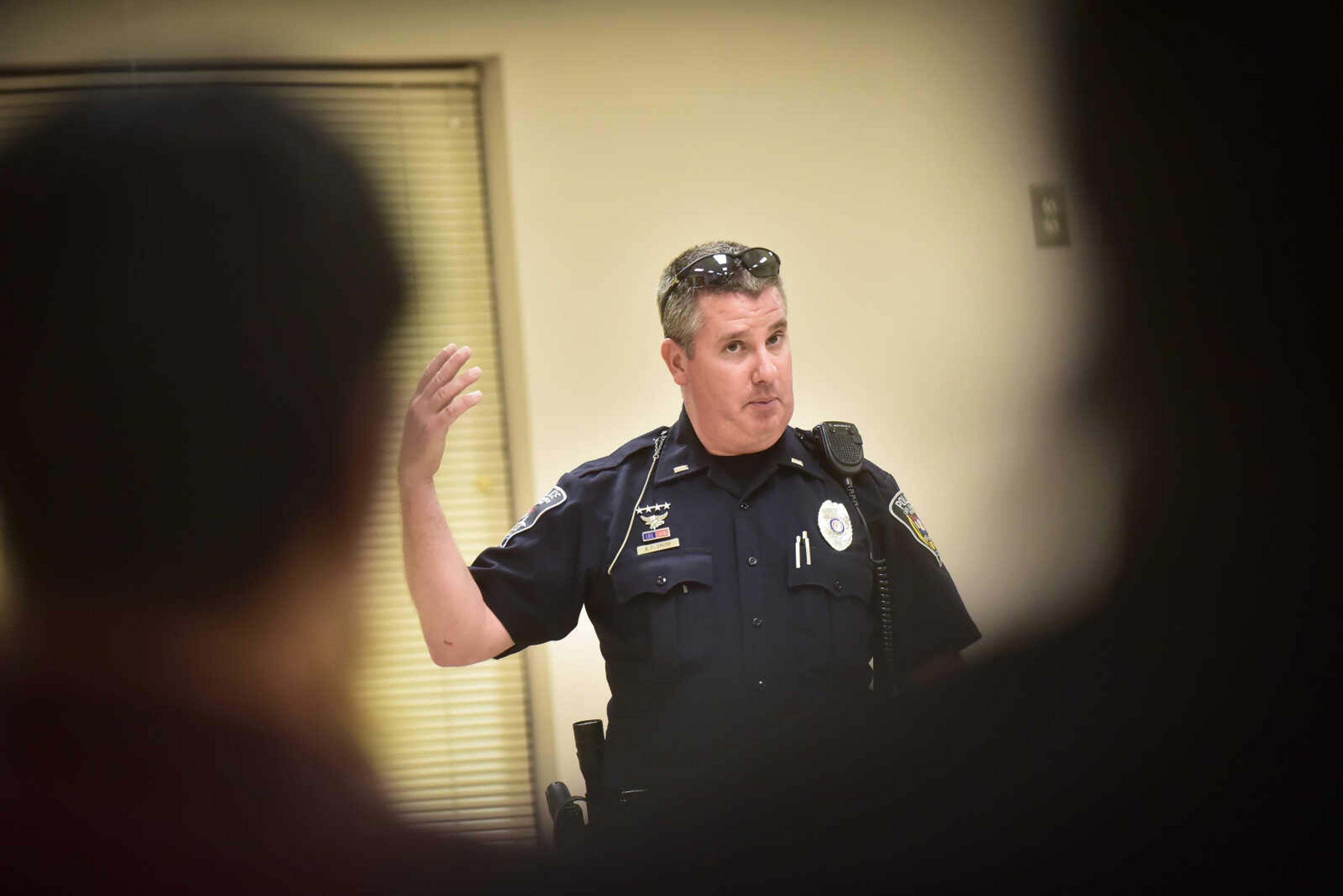 Lt. Brad Smith of the Cape Girardeau Police Department talks about the police station headquarters moving during a community workshop meeting held by the Authentic Voices group of south Cape Thursday, Oct. 26, 2017 at the Shawnee Park Center in Cape Girardeau.