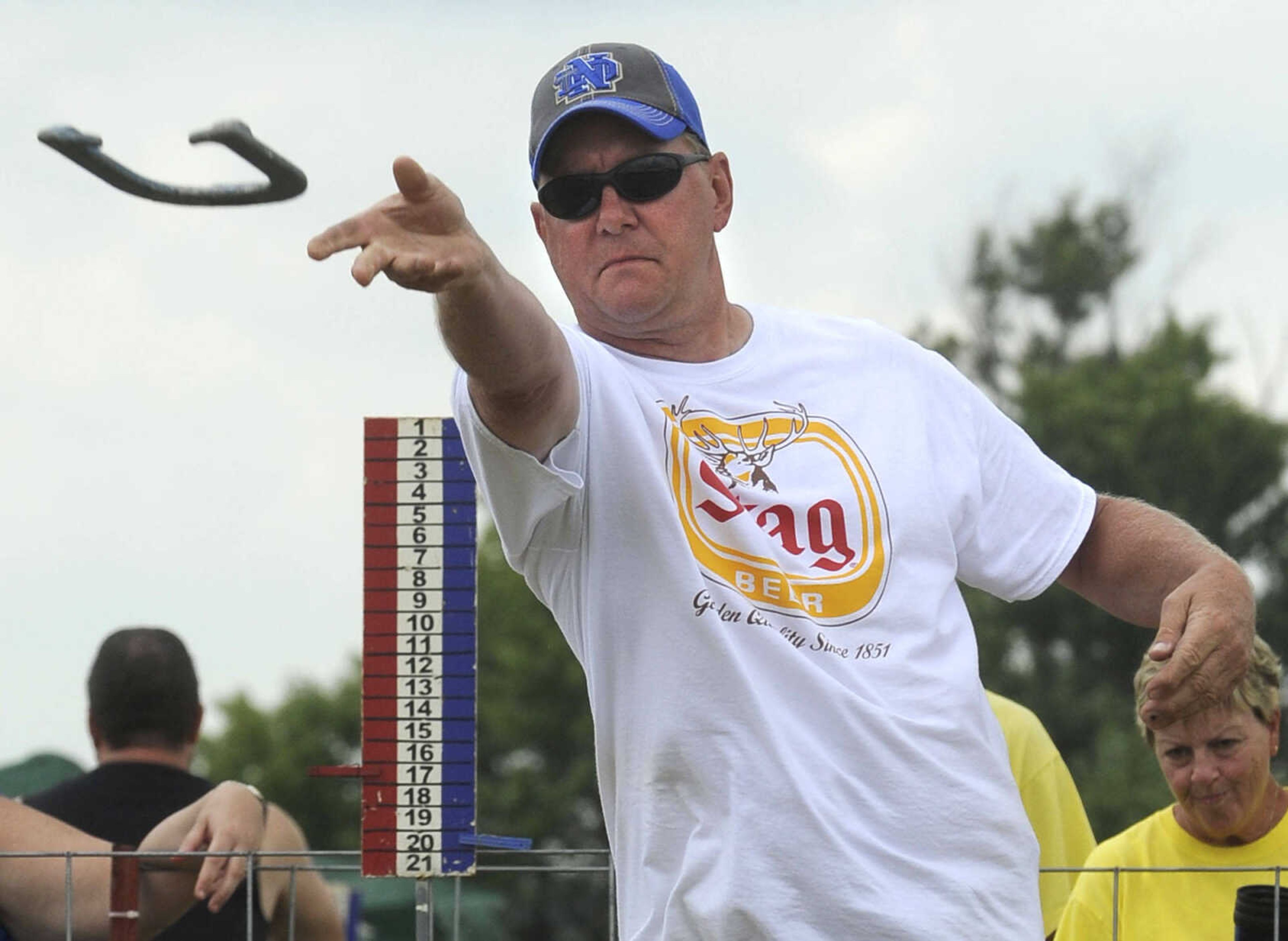 FRED LYNCH ~ flynch@semissourian.com
John Beussink of Jackson competes Sunday, Aug. 18, 2013 during the final day of the 33rd annual Knights of Columbus State Horseshoe Tournament which was hosted by Bishop Timon Council 6405 in Jackson.