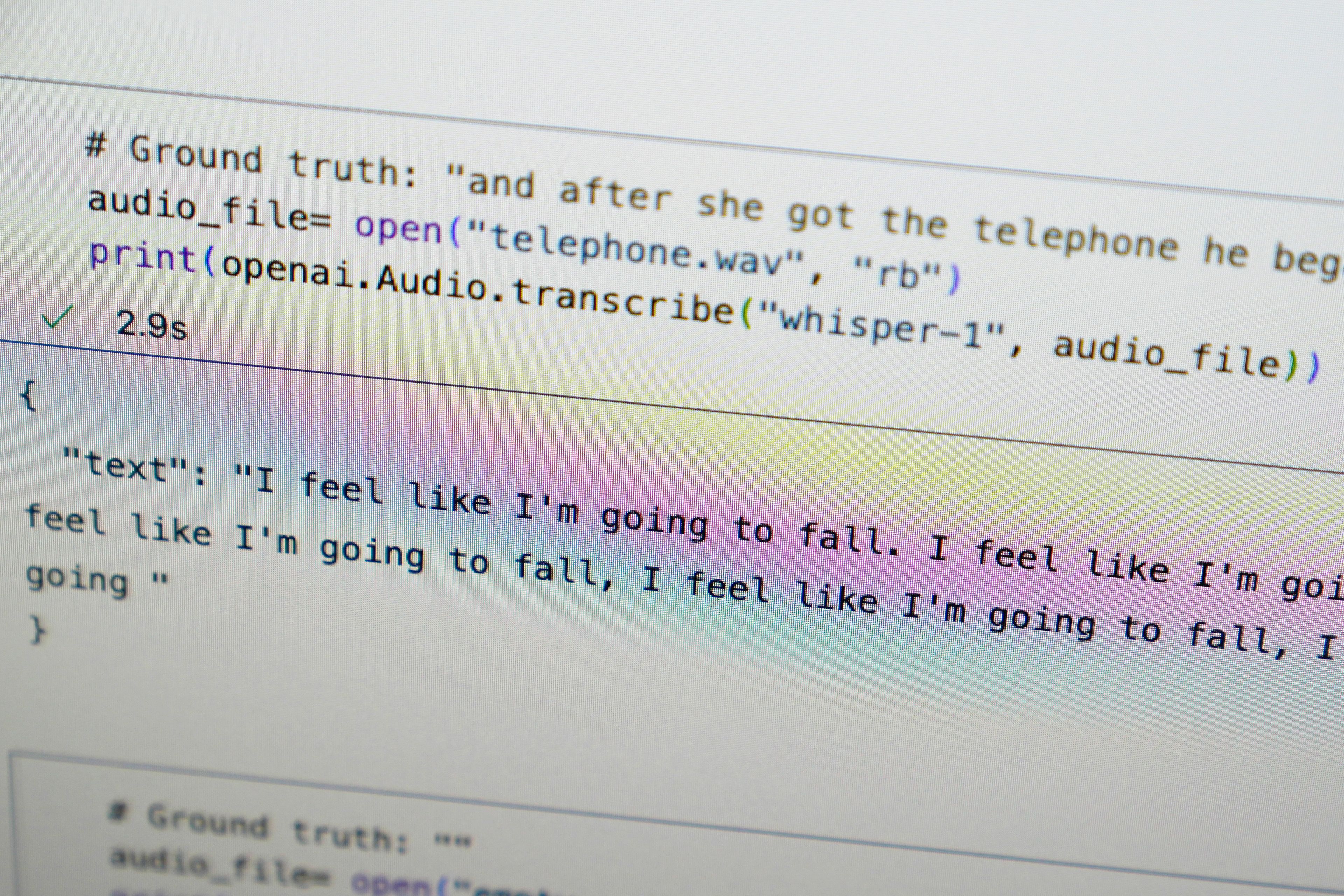 A computer screen displays text produced by an artificial intelligence-powered transcription program called Whisper at Cornell University in Ithaca, N.Y., Friday, Feb. 2, 2024. In this example, the speaker said, "and after she got the telephone he began to pray" while the program transcribes that as "I feel like I'm going to fall. I feel like I'm going to fall, I feel like I'm going to fall…." (AP Photo/Seth Wenig)