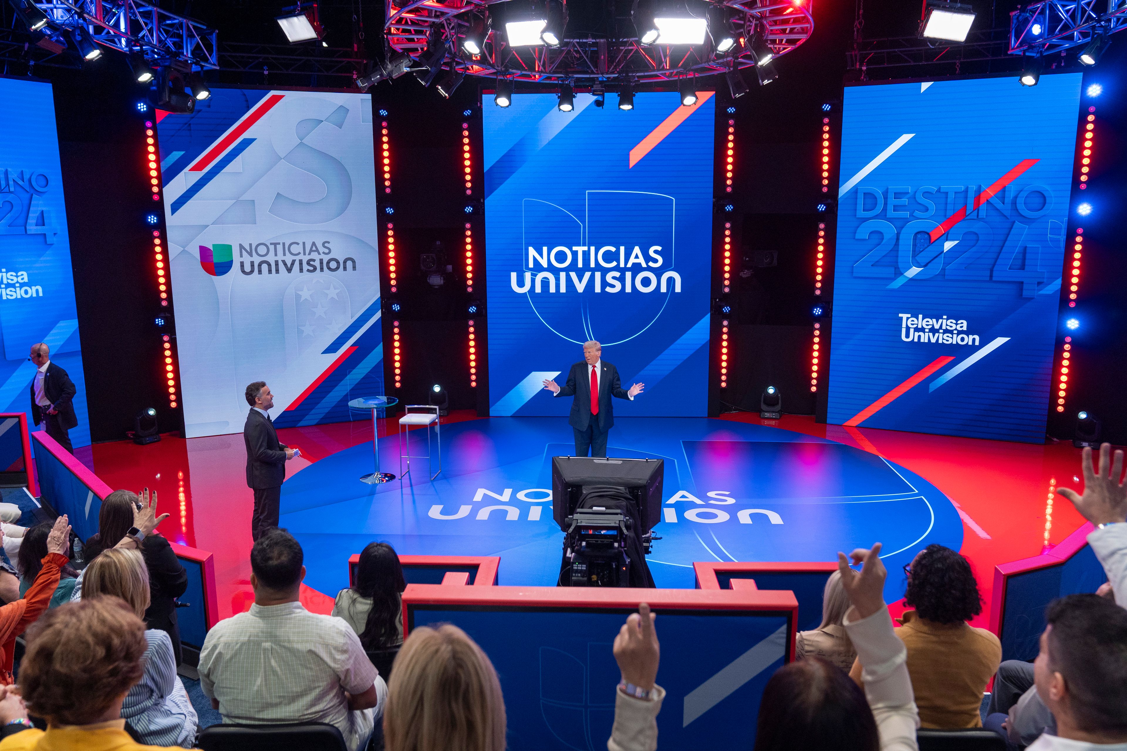 Republican presidential nominee former President Donald Trump speaks during a commercial break during a Univision town hall, Wednesday, Oct. 16, 2024, in Doral, Fla. (AP Photo/Alex Brandon)