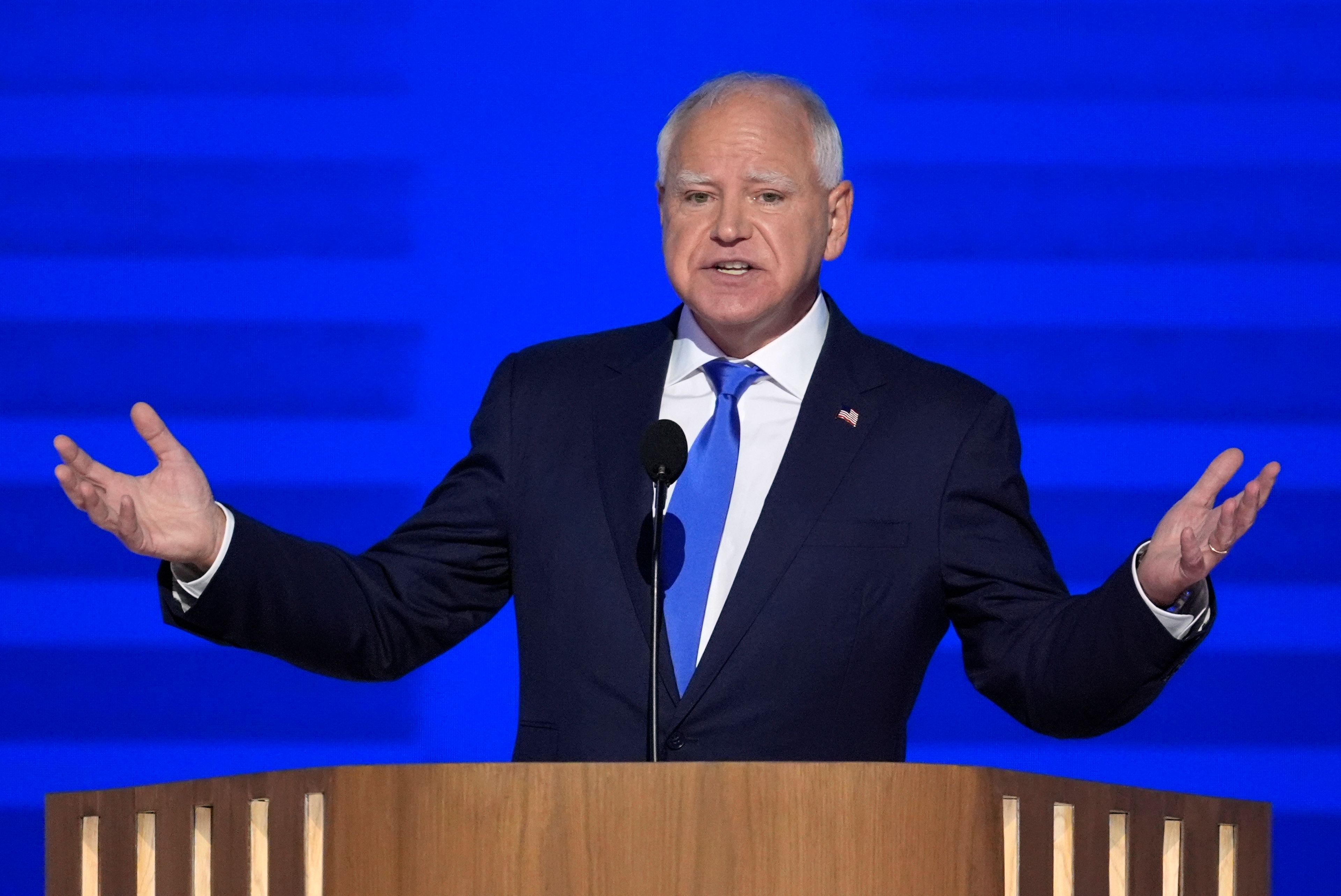 Democratic vice presidential nominee Minnesota Gov. Tim Walz speaks during the Democratic National Convention Wednesday, Aug. 21, 2024, in Chicago. (AP Photo/J. Scott Applewhite)