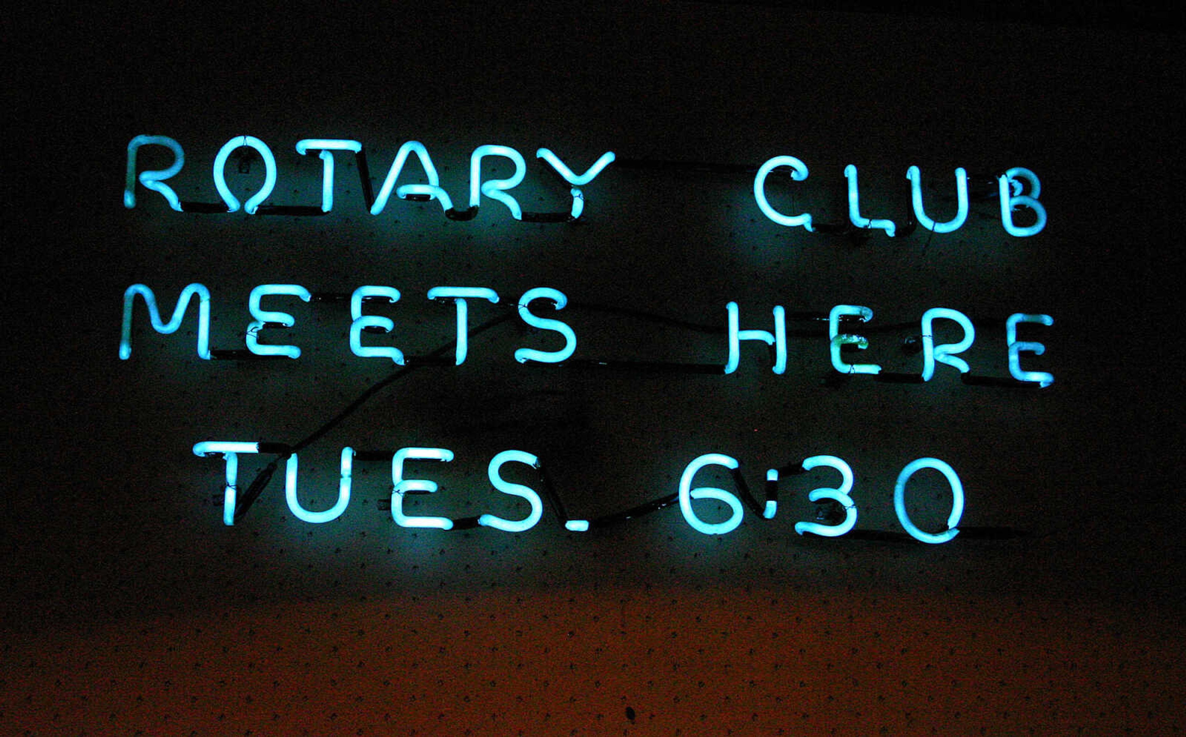 EMILY PRIDDY
A neon sign on the wall inside Billy's Steakhouse and Lounge in Portageville, Mo., advertises Rotary Club meetings. Billy's is located on U.S. 61.