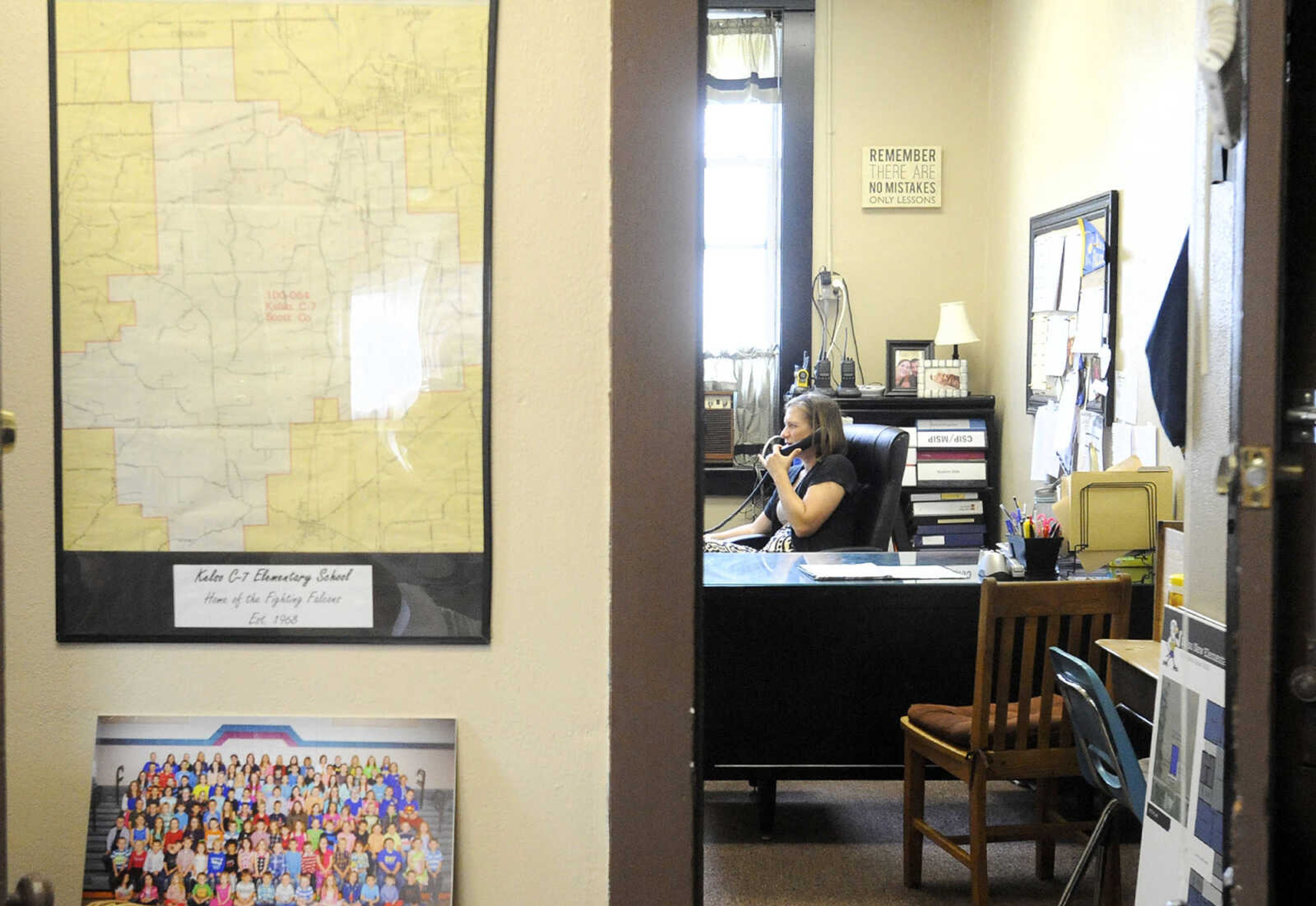 LAURA SIMON ~ lsimon@semissourian.com

Kim Burger, superintendent of Kelso C-7 School in New Hamburg, takes a phone call in her first floor office on Thursday, July 14, 2016.