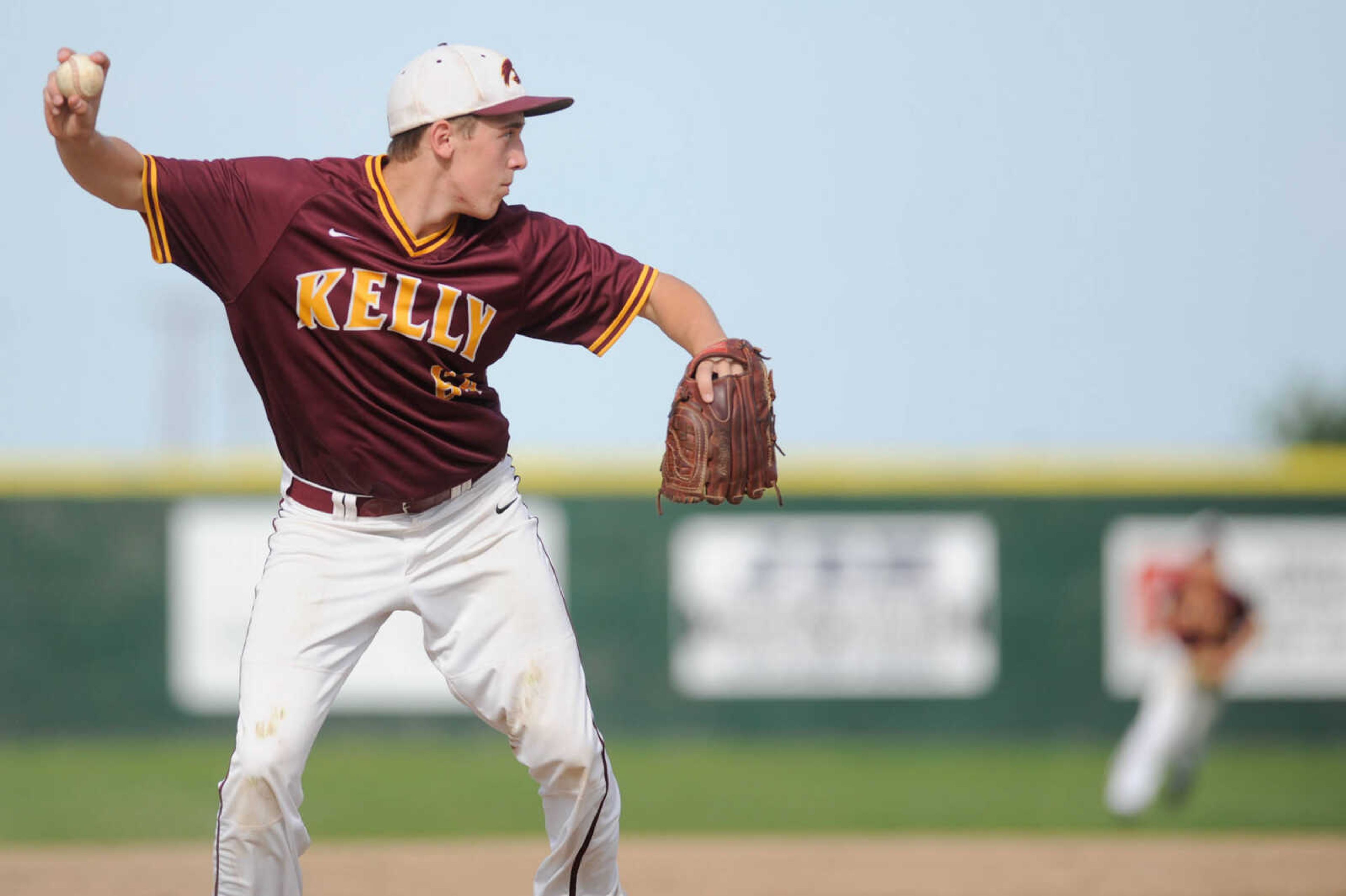 Kelly's Kyle Fitzgerald throws to first for an out against Scott City in the second inning during the Class 3 District 2 championship Friday, May 22, 2015 in Charleston, Missouri. (Glenn Landberg)