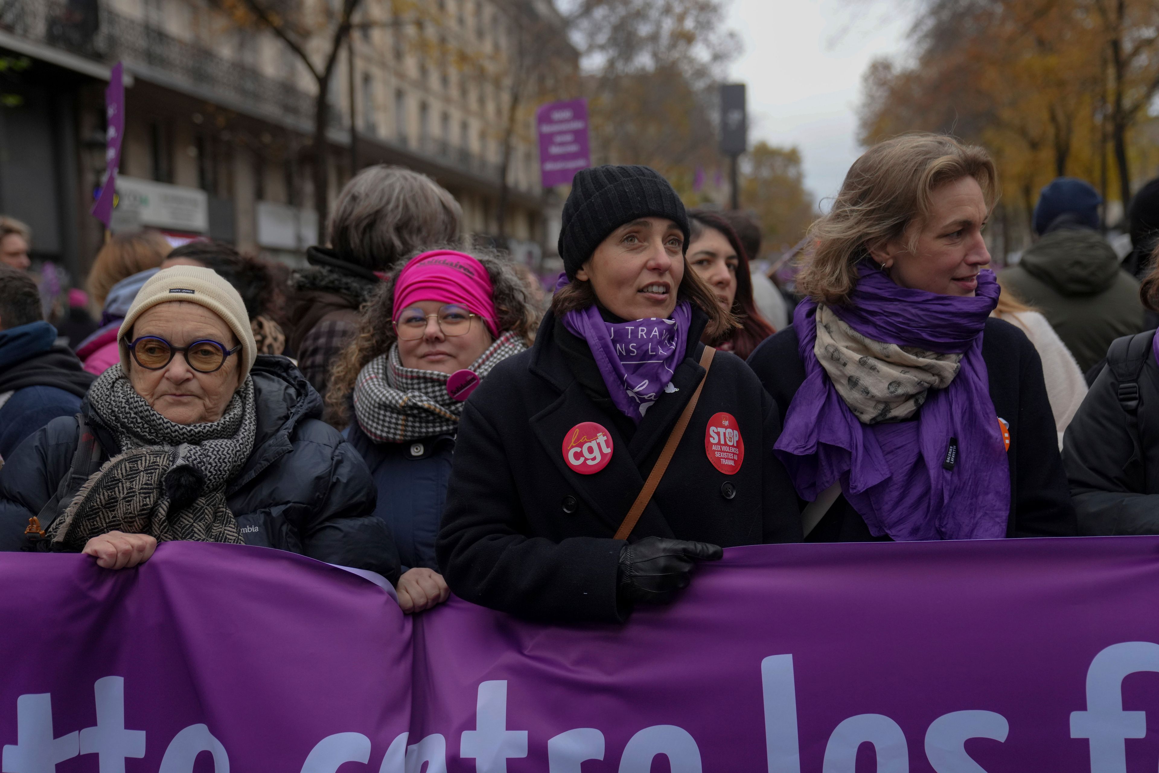 CGT union secretary general Sophie Binet, center, attends a march during the International Day for the Elimination of Violence Against Women in Paris, France, Saturday, Nov. 23, 2024. (AP Photo/Thibault Camus)