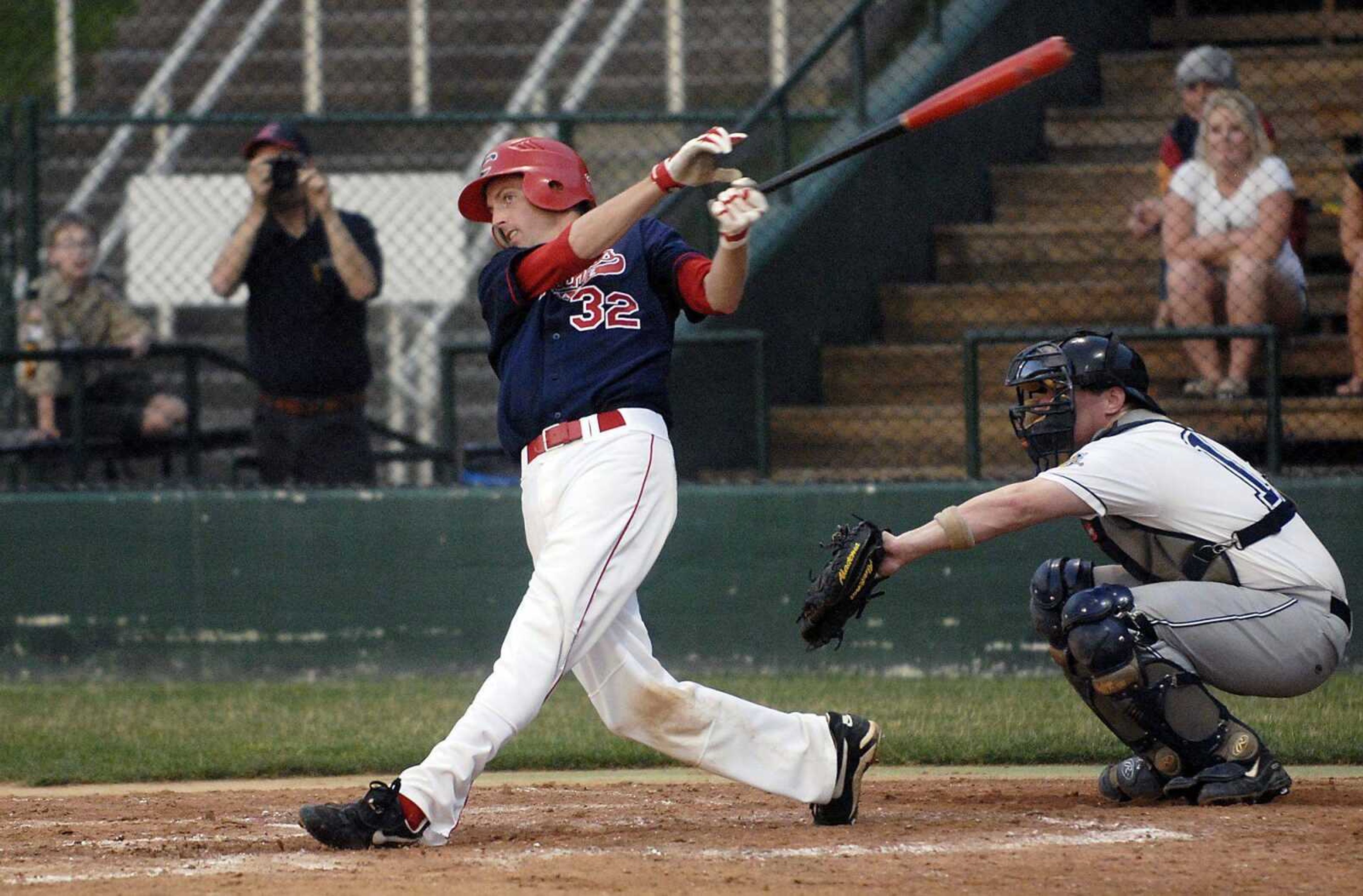 Plaza Tire's Denver Stuckey connects for a hit during Friday's game at Capaha Field. (Kit Doyle)