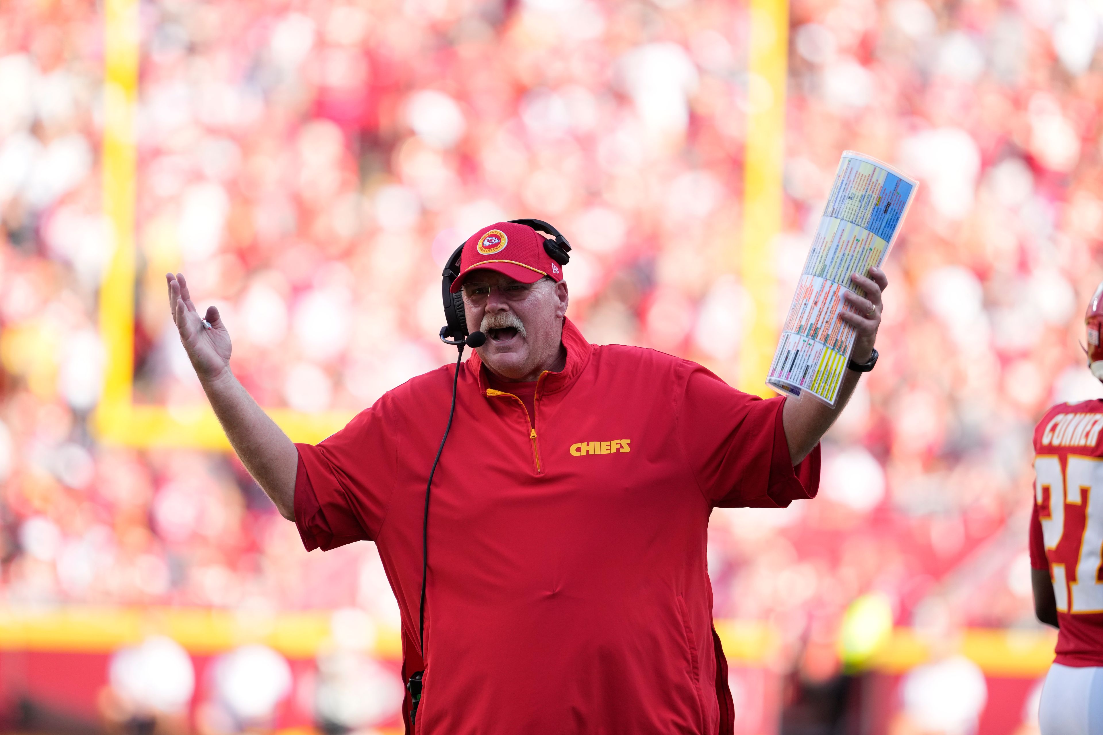 Kansas City Chiefs head coach Andy Reid reacts during the first half of an NFL football game against the Cincinnati Bengals Sunday, Sept. 15, 2024, in Kansas City, Mo. (AP Photo/Ed Zurga)