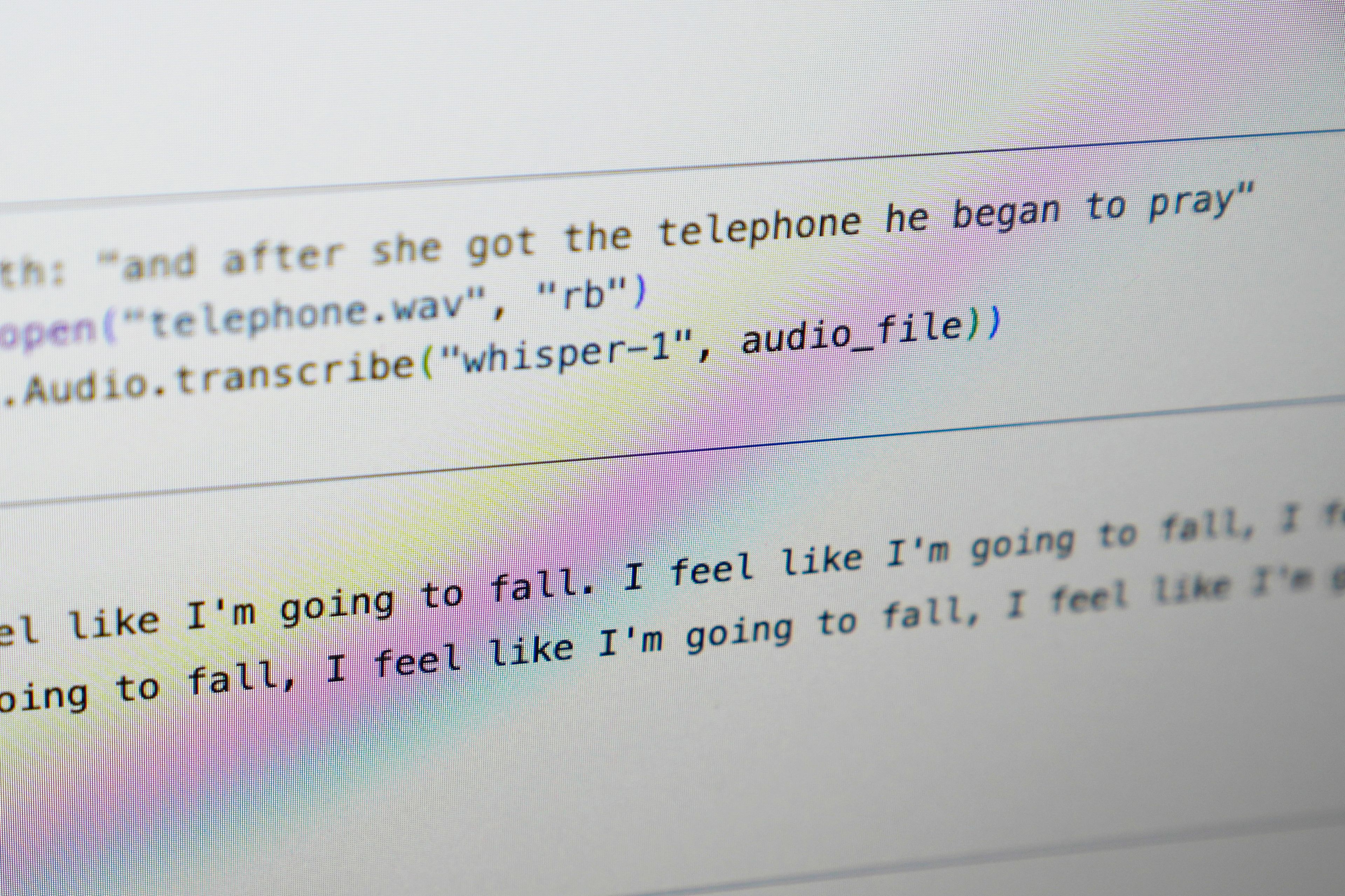 A computer screen displays text produced by an artificial intelligence-powered transcription program called Whisper at Cornell University in Ithaca, N.Y., Friday, Feb. 2, 2024. In this example, the speaker said, "and after she got the telephone he began to pray" while the program transcribes that as "I feel like I'm going to fall. I feel like I'm going to fall, I feel like I'm going to fall…." (AP Photo/Seth Wenig)