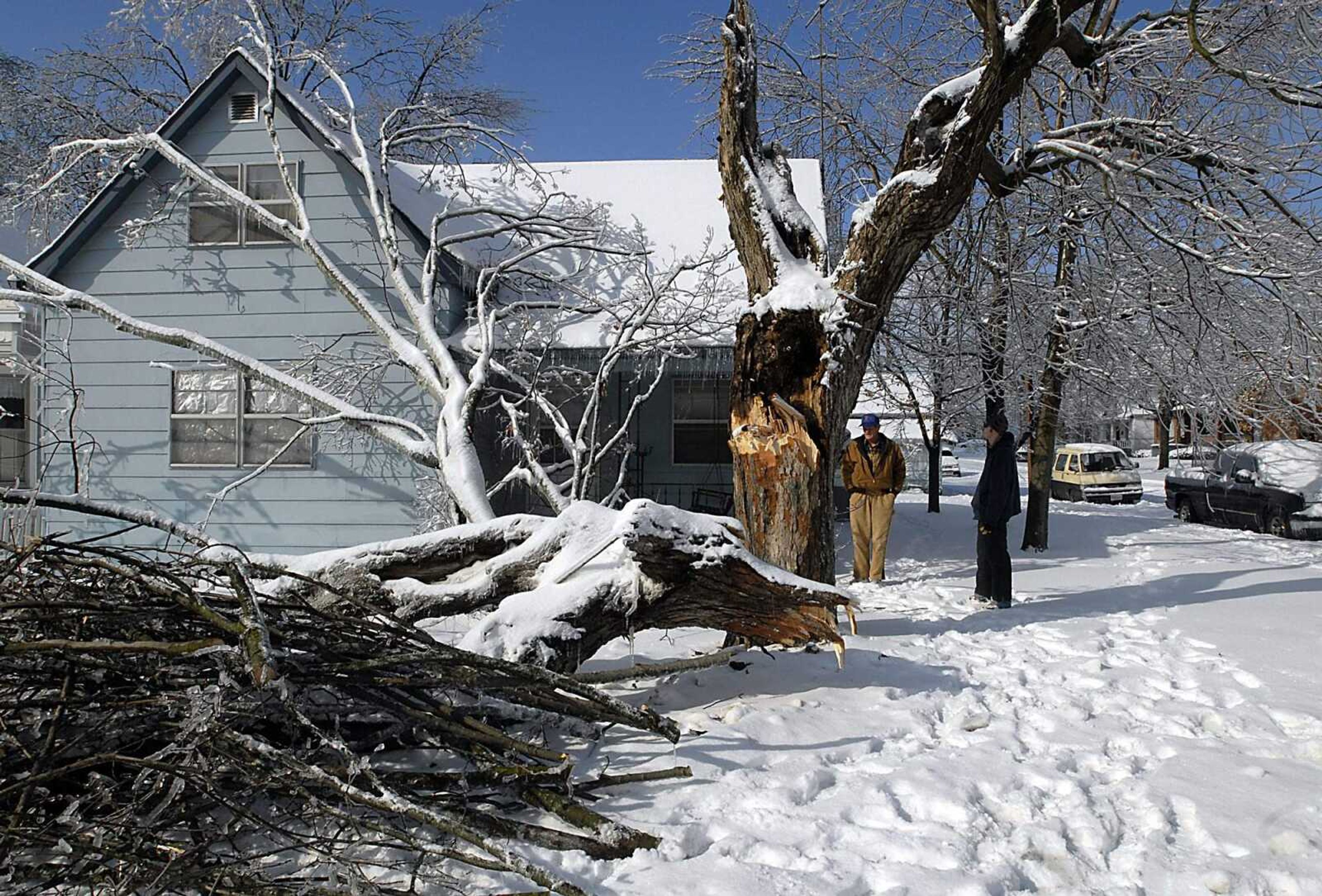 KIT DOYLE ~ kdoyle@semissourian.com
A tree falls due to ice on the home of Kevin Bevell's grandmother Wednesday on Sprigg Street in Cape Girardeau.