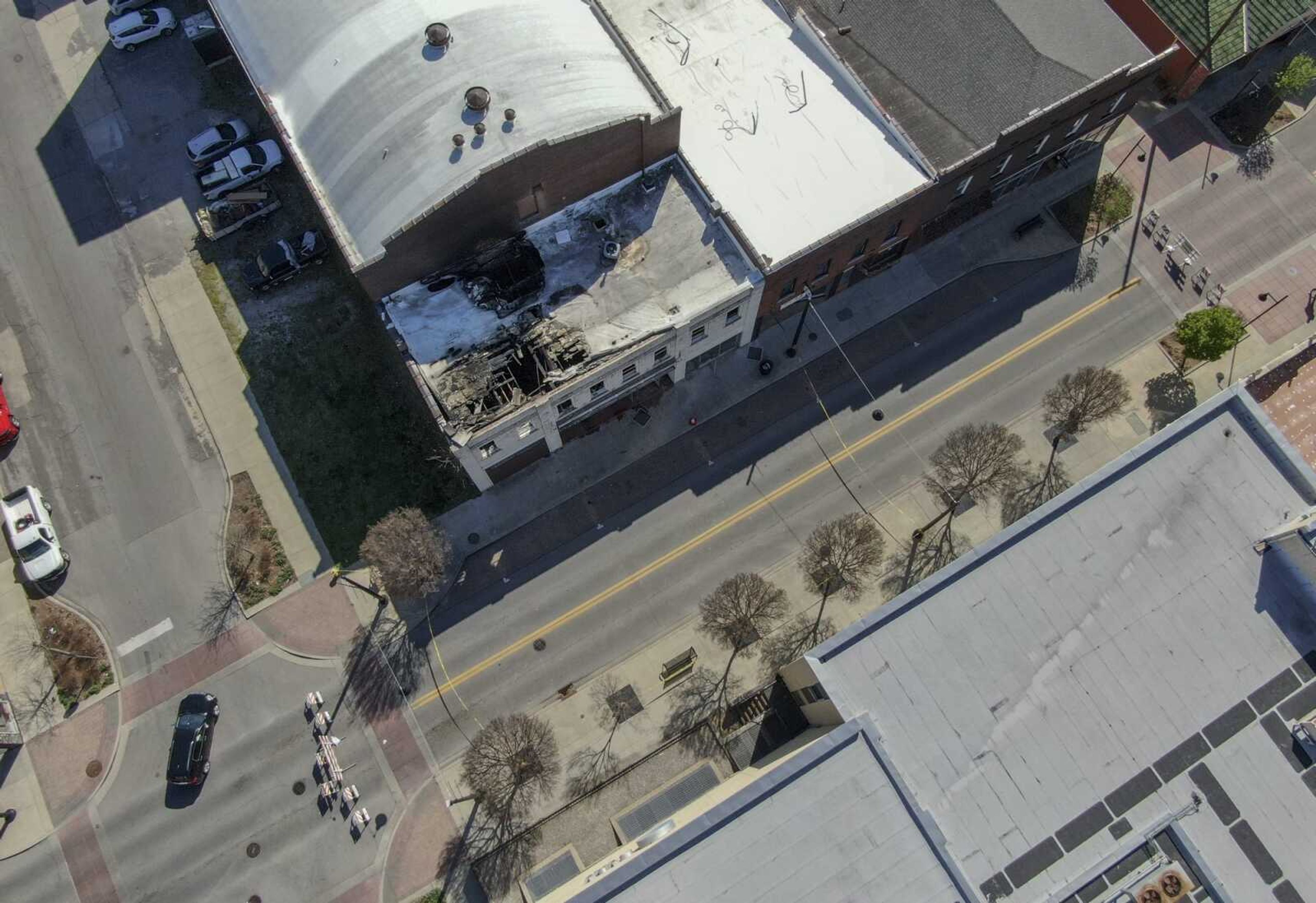 Vehicle traffic is detoured around the 800 block of Broadway. The former Broadway Theatre building as seen from above Thursday in Cape Girardeau.