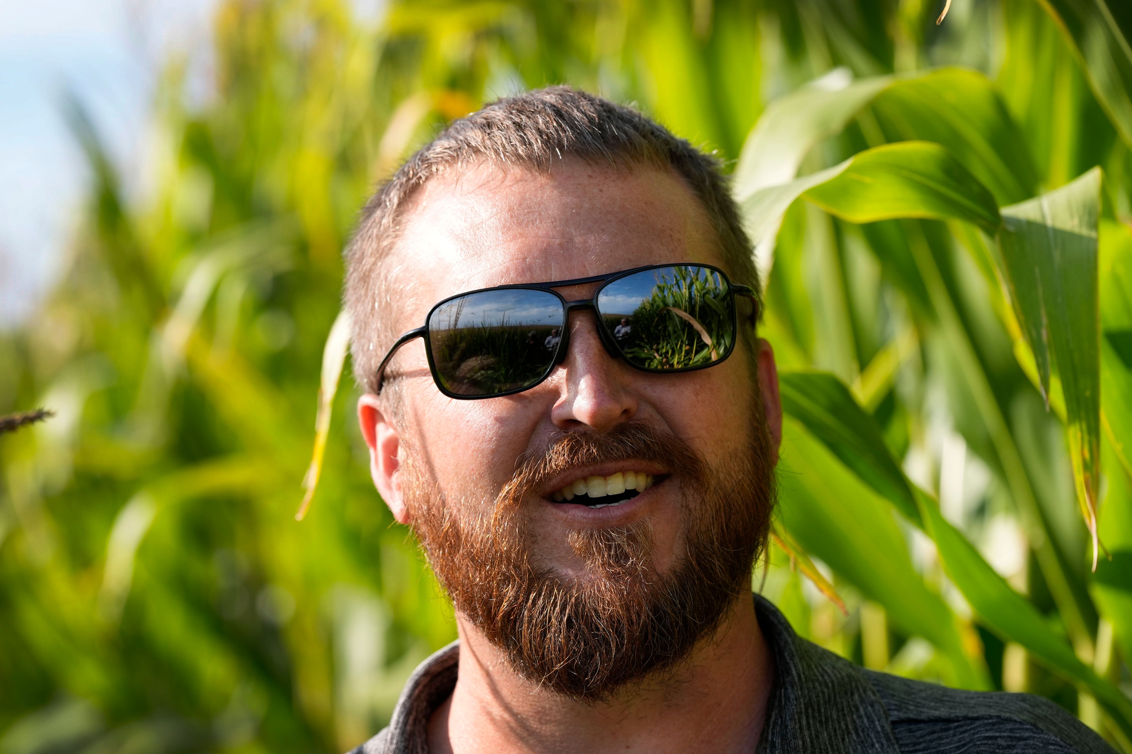 Cameron Sorgenfrey talks about short corn as he stands in his field, Monday, Sept. 16, 2024, in Wyoming, Iowa. (AP Photo/Charlie Neibergall)