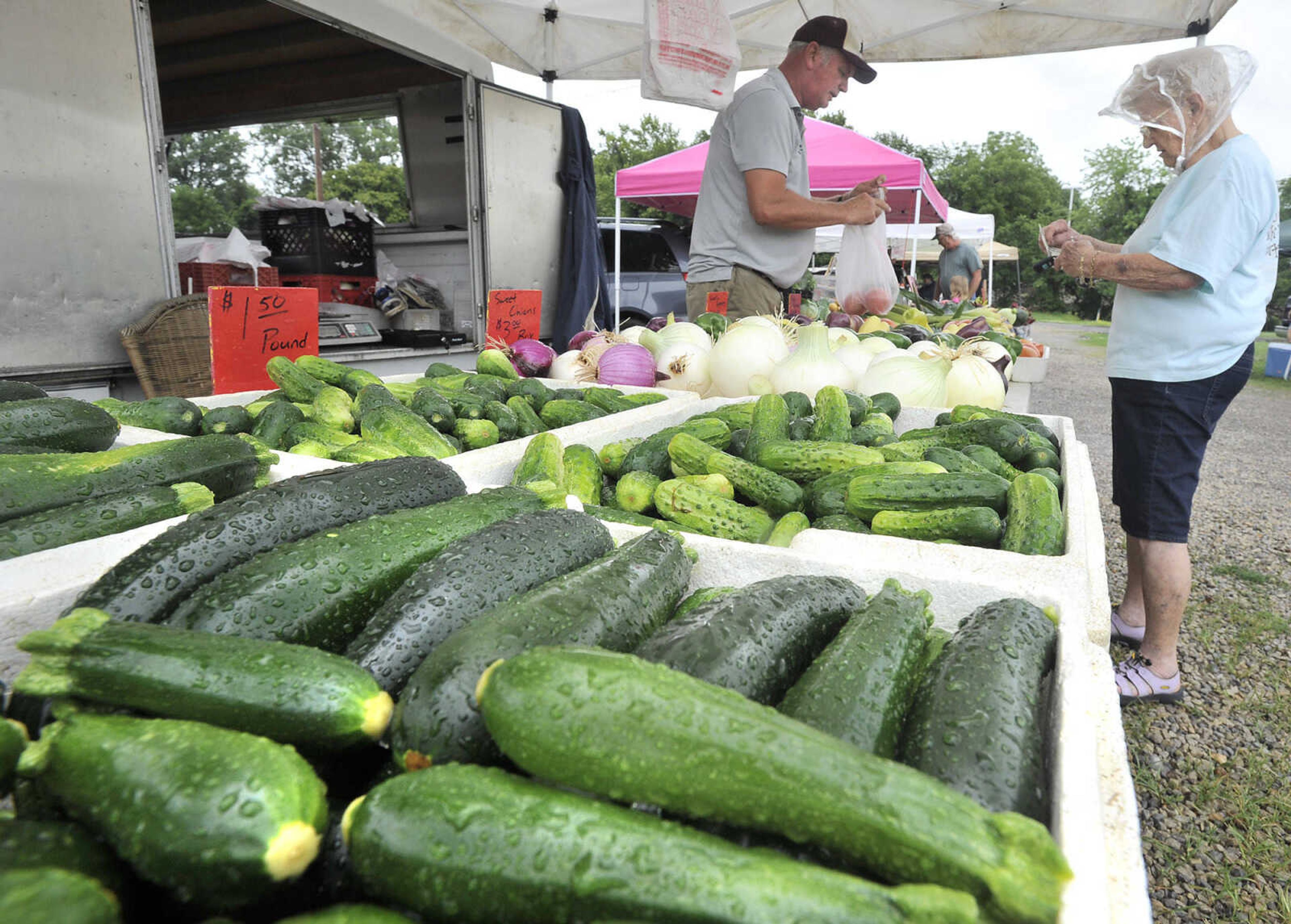 FRED LYNCH ~ flynch@semissourian.com
Karl Sweitzer of Cobden, Illinois sells tomatoes to Eglenna Davis of Jackson as light rain falls Tuesday, July 7, 2015 at the Jackson Farmer's Market in Jackson.