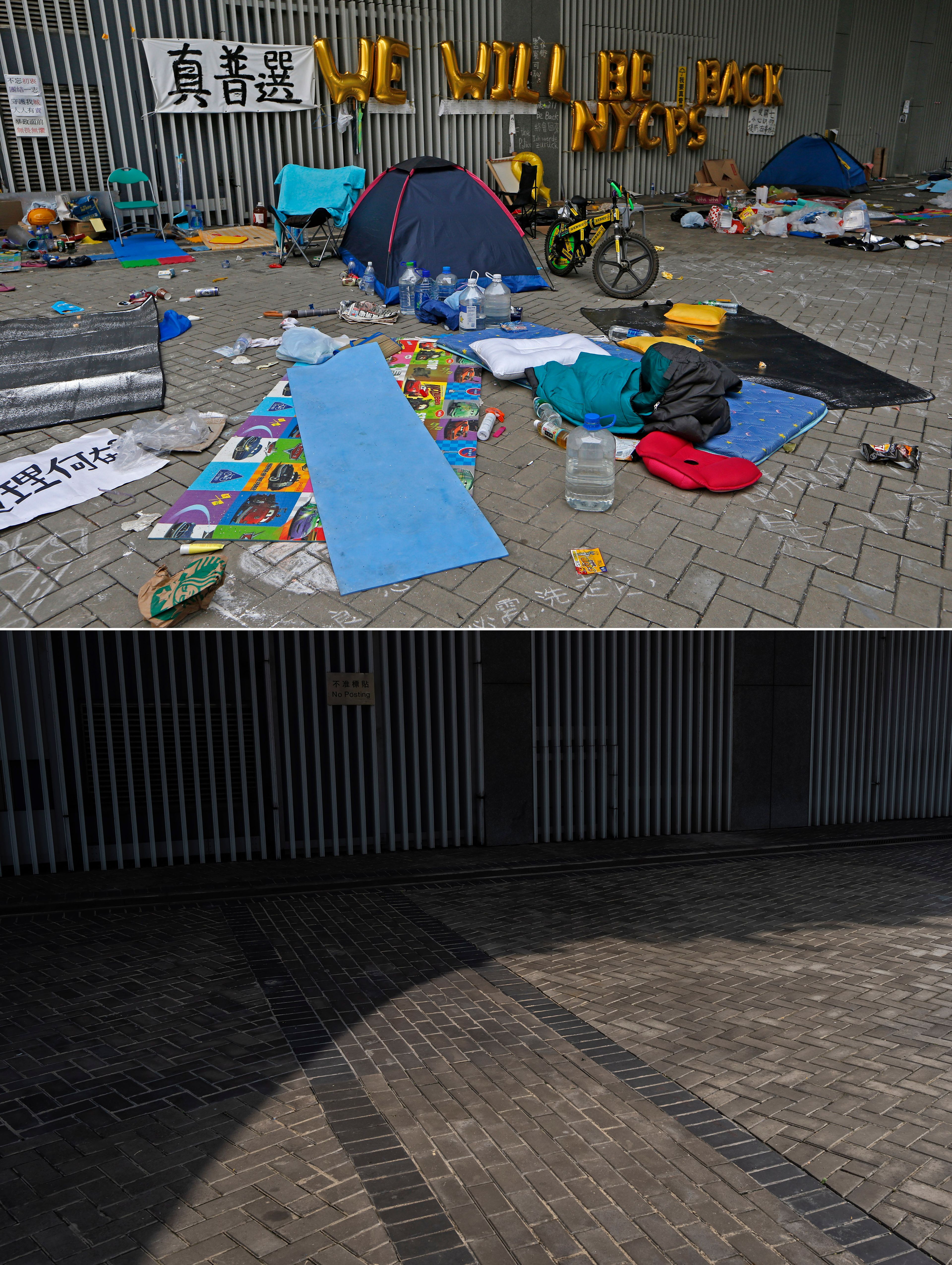 This combination image made from two photos shows items belonging to protesters littered on the ground after police officers clear the occupied area outside government headquarters in Hong Kong Thursday, Dec. 11, 2014, top, and the same area on Saturday, Sept. 28, 2024. (AP Photo/Kin Cheung, Chan Long Hei)