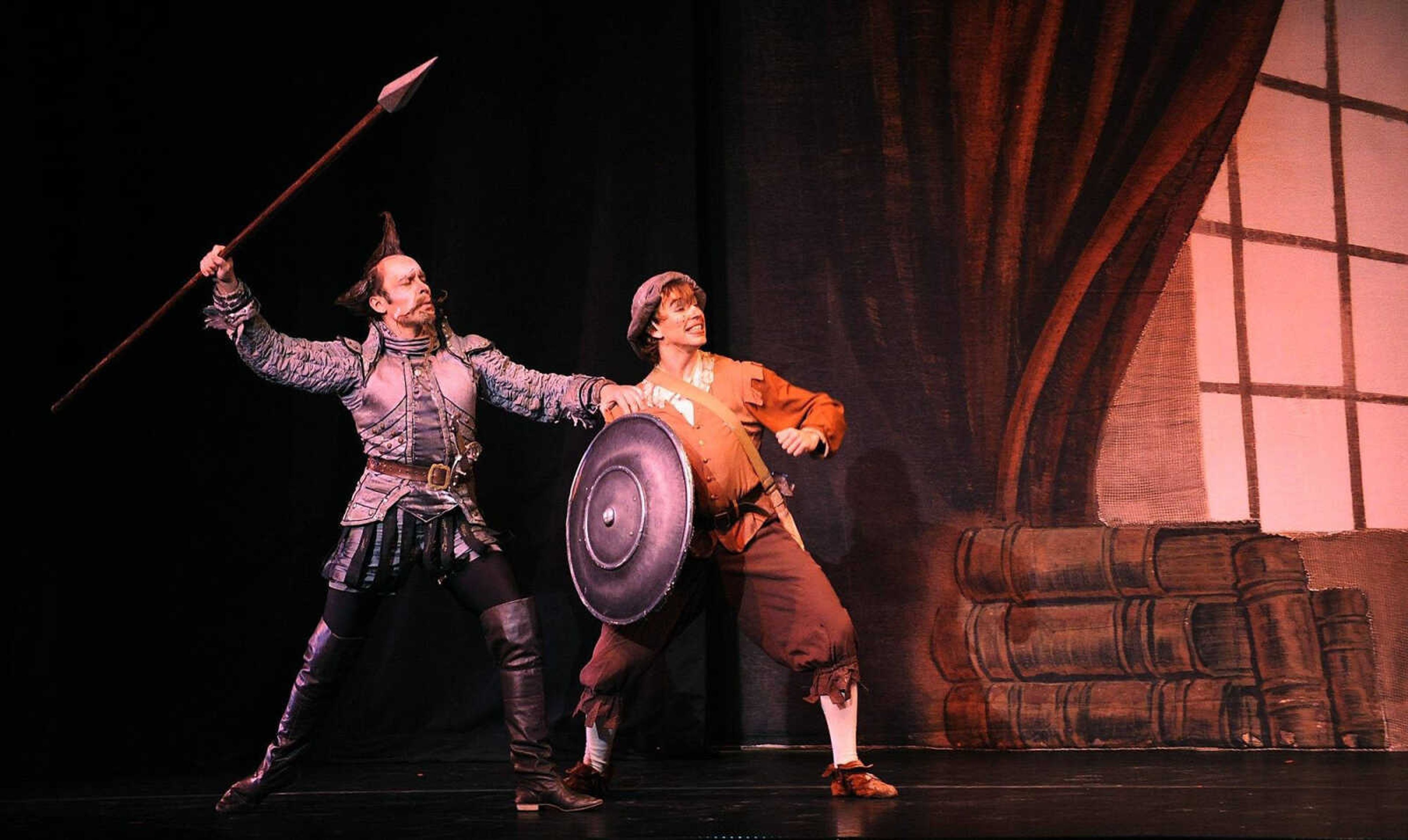 Dmitry Romanov, left, and Alexander Yakovlev dance the parts of Don Quixote and Sancho Panza as the Moscow Festival Ballet performs 'Don Quixote' Friday, April 27, 2012 in the Bedell Performance Hall at Southeast Missouri State University's River Campus. (Adam Vogler)