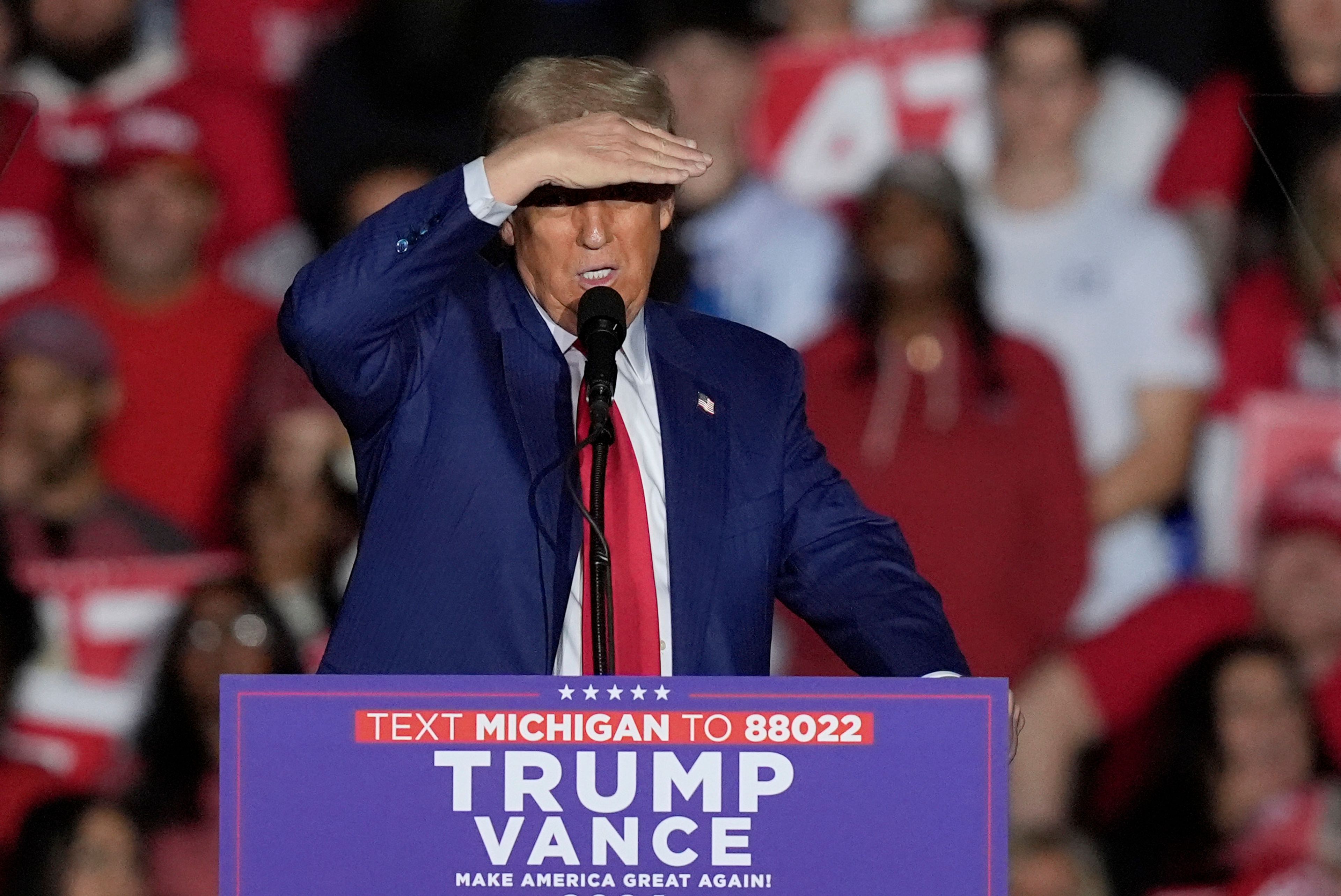 Republican presidential nominee former President Donald Trump speaks during a campaign rally at the Suburban Collection Showplace, Saturday, Oct. 26, 2024 in Novi, Mich. (AP Photo/Carlos Osorio)