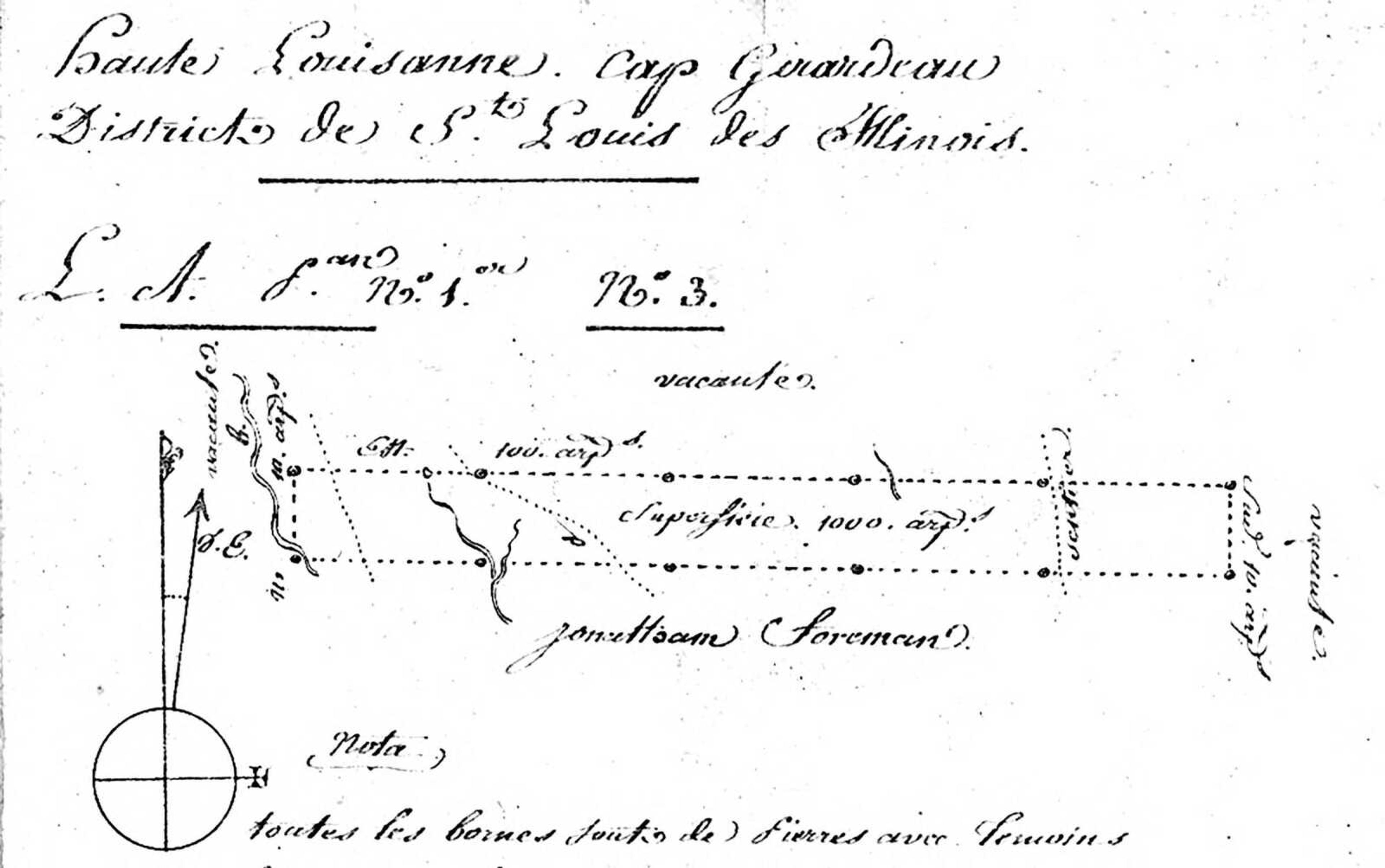 Plat of survey for land grant of Louis François Largeau on the headwaters of Cape la Croix Creek, 1797, Missouri State Archives, Papers of Original Claimants -- First Board of Land Commissioners.