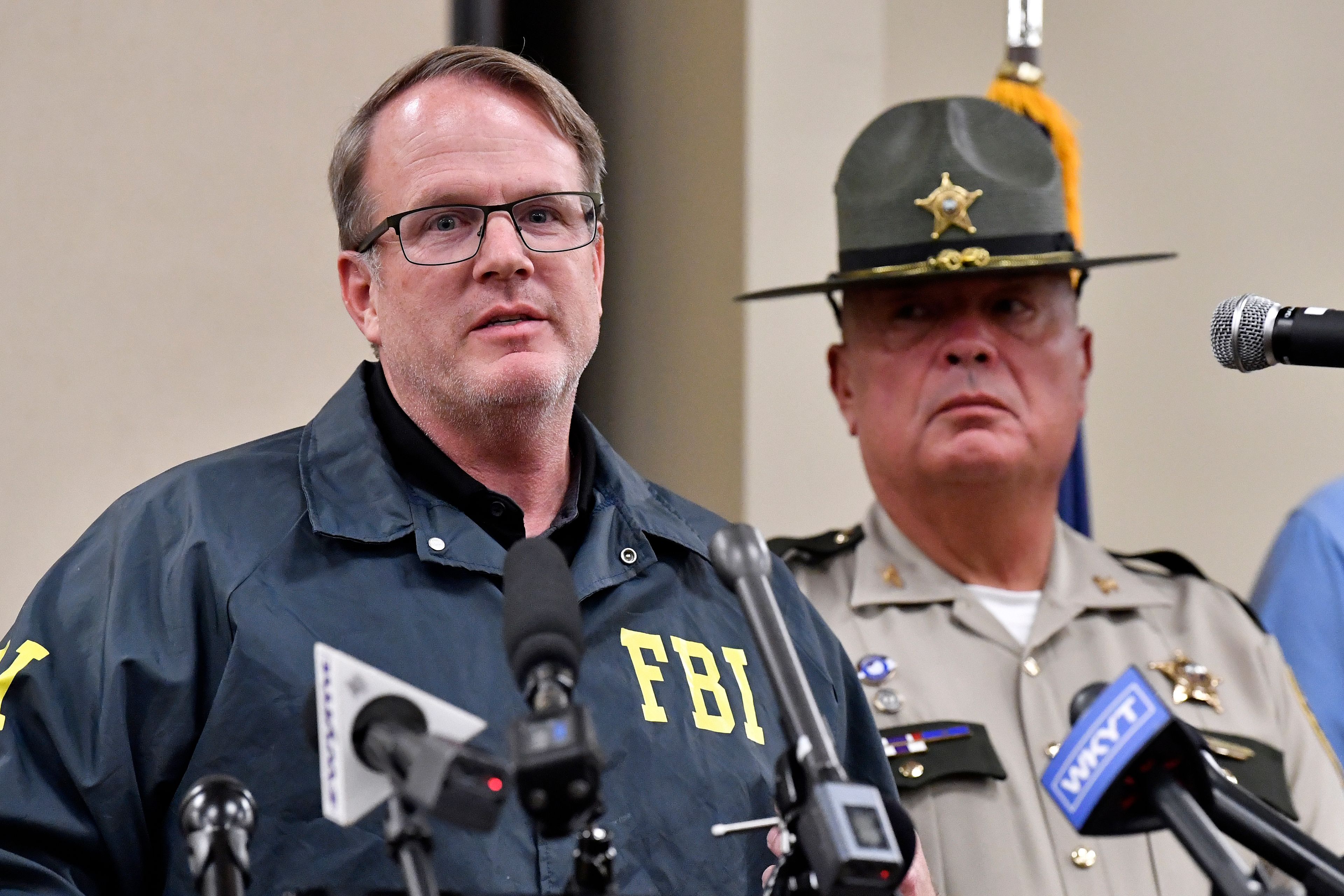 FBI Special Agent in Charge Michael Stansbury gives an update at the London Community Center in London, Ky., Sunday, Sept. 8, 2024, on the efforts to find the suspect in the Saturday shooting at Interstate 75 near Livingston, Ky. (AP Photo/Timothy D. Easley)