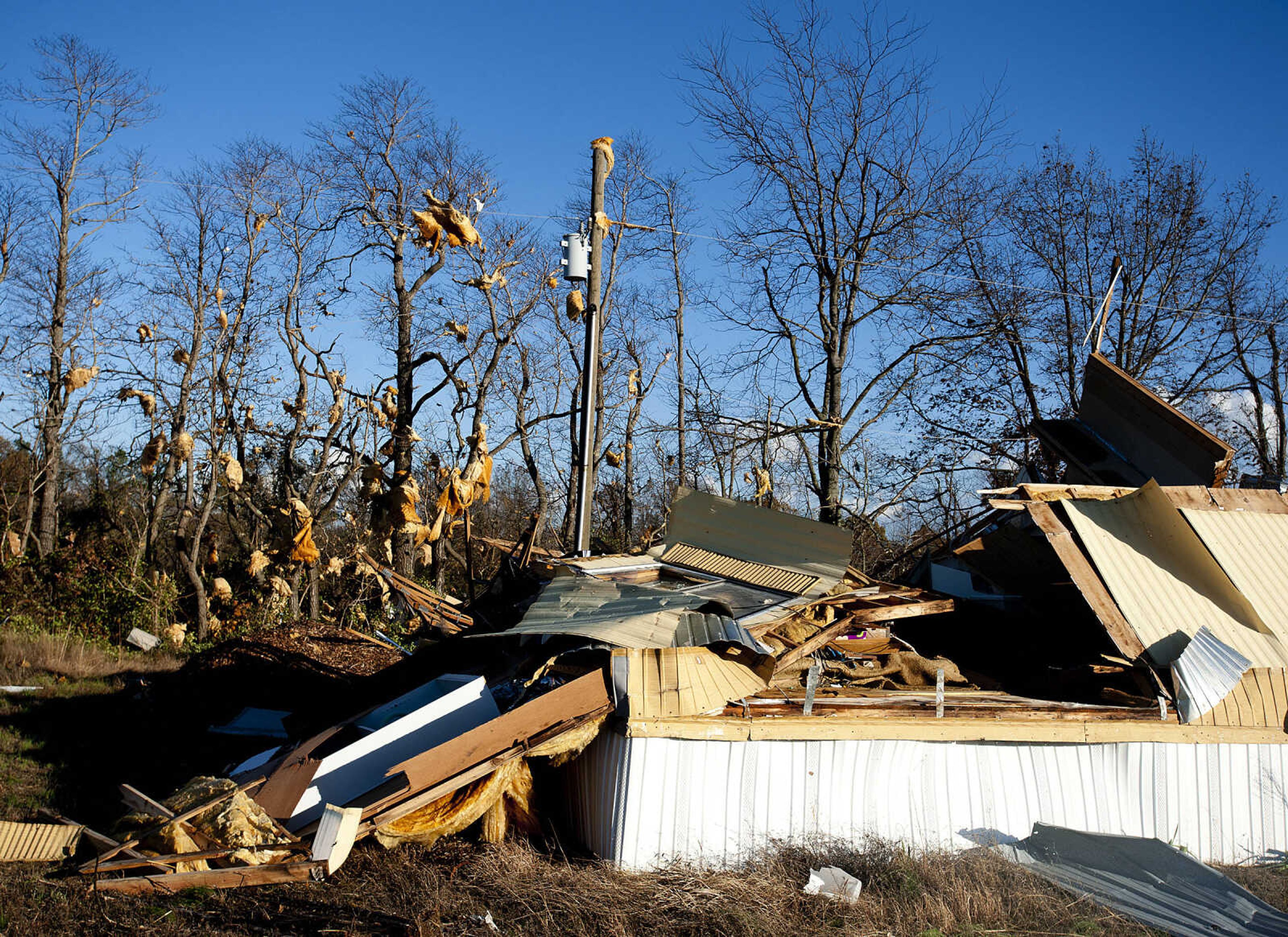 The remains of a mobile home owned by Jeff Kelm Sunday, Nov. 17, just off of Highway 61 south of Morley, Mo. A severe thunderstorm destroyed the home, which was used by Kelm as a guest house as wells a another mobile home that was used as storage and a shed where Kelm operated an appliance repair business.