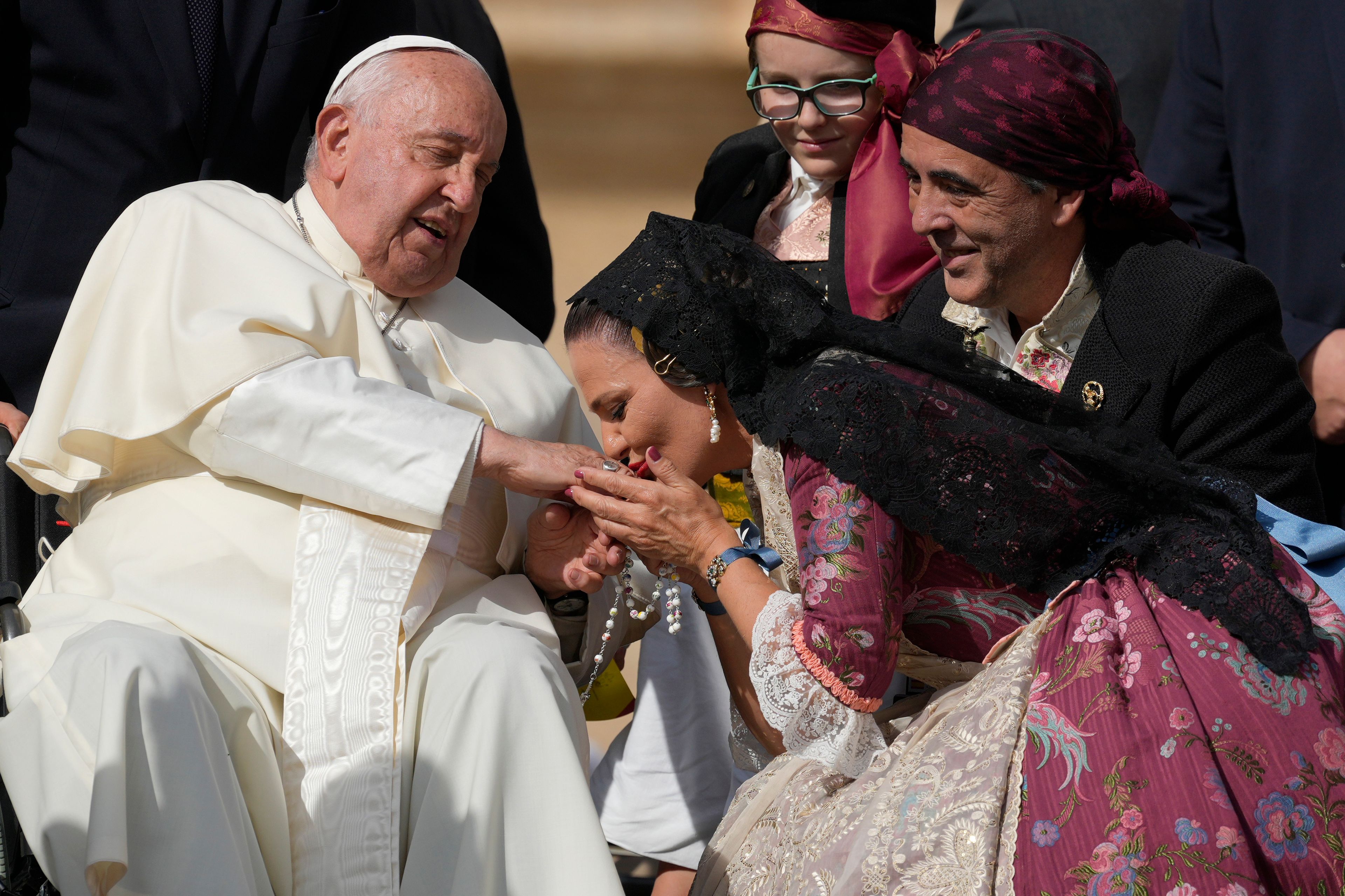 Pope Francis meets Spain's faithful at the end of his weekly general audience in St. Peter's Square, at the Vatican, Wednesday, Oct. 9, 2024. (AP Photo/Andrew Medichini)