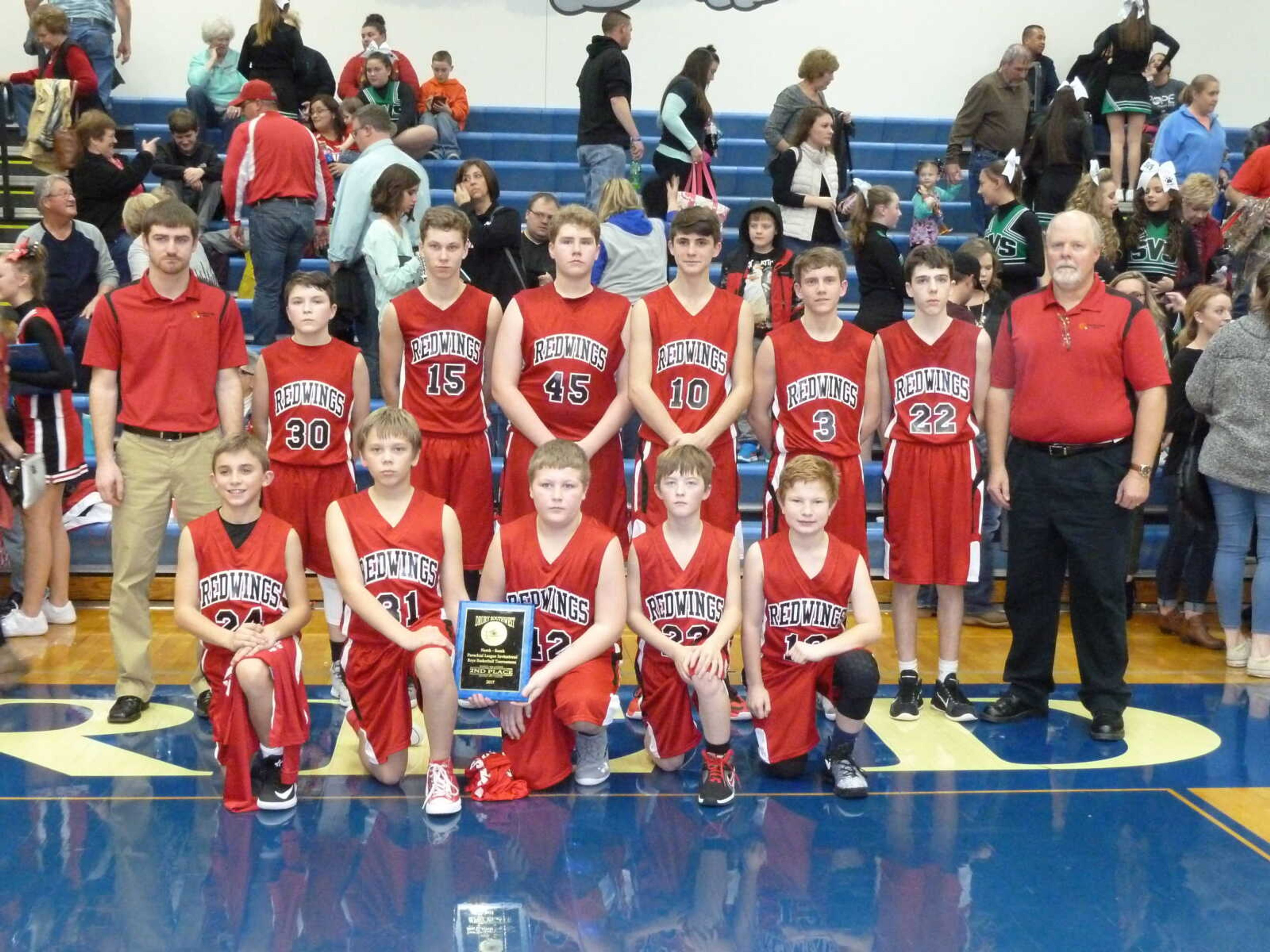 Guardian Angel School, Oran, boys basketball varsity team.  Pictured are in front row (l-r):  Riley Schlosser, Connor Watkins, Nathaniel Woods, Lawson Hahn, Drew Pobst.

Back row (l-r):  Asst. Coach Andrew Hulshof, Evan Montgomery, Logan Rose, John Crippen, Myles Trankler, Cooper Priggel, Langdon Scheeter, Coach Kent Mangels.
