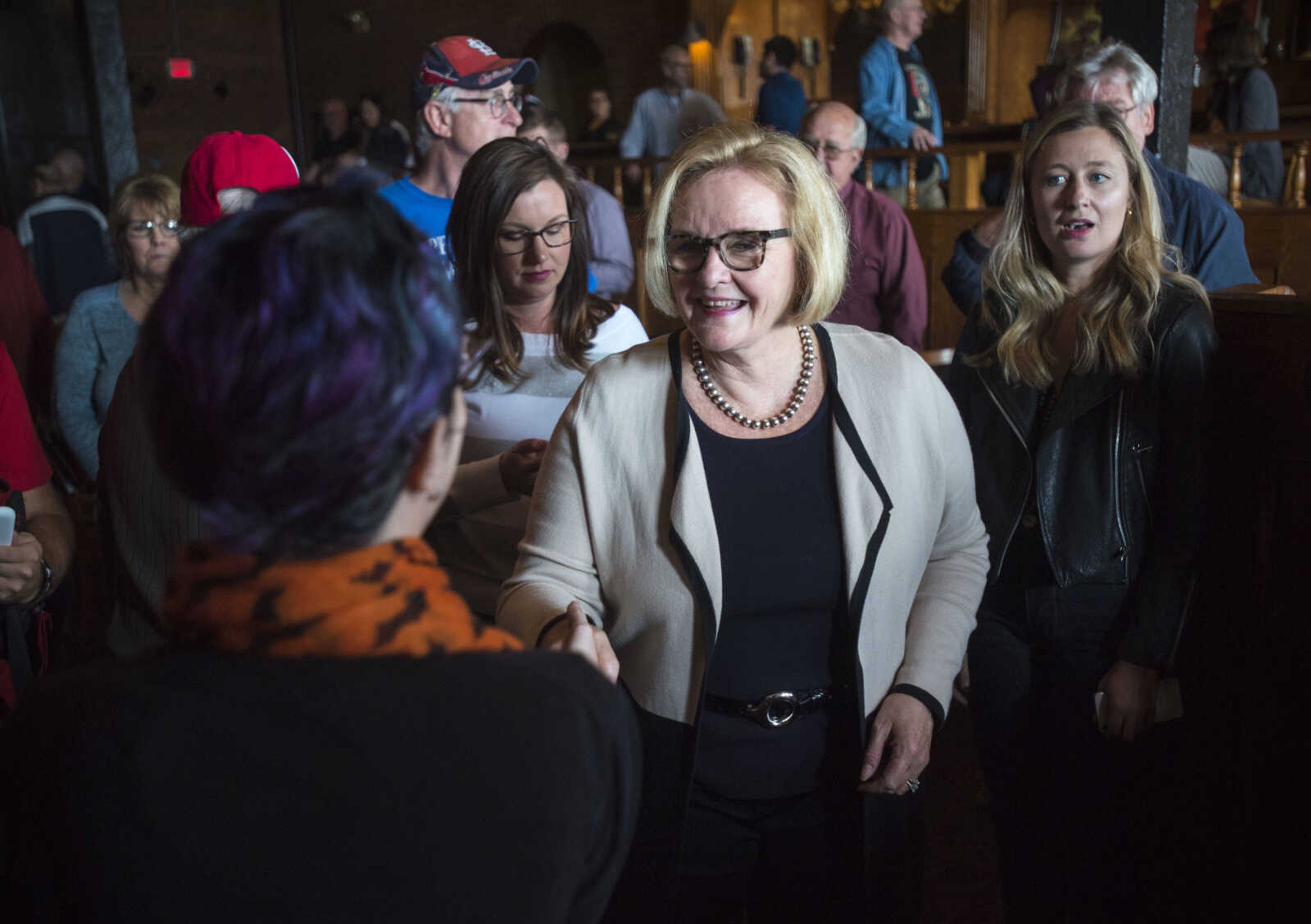 Sen. Claire McCaskill meets constituents during a campaign stop Tuesday, Oct. 30, 2018, at Port Cape in Cape Girardeau.