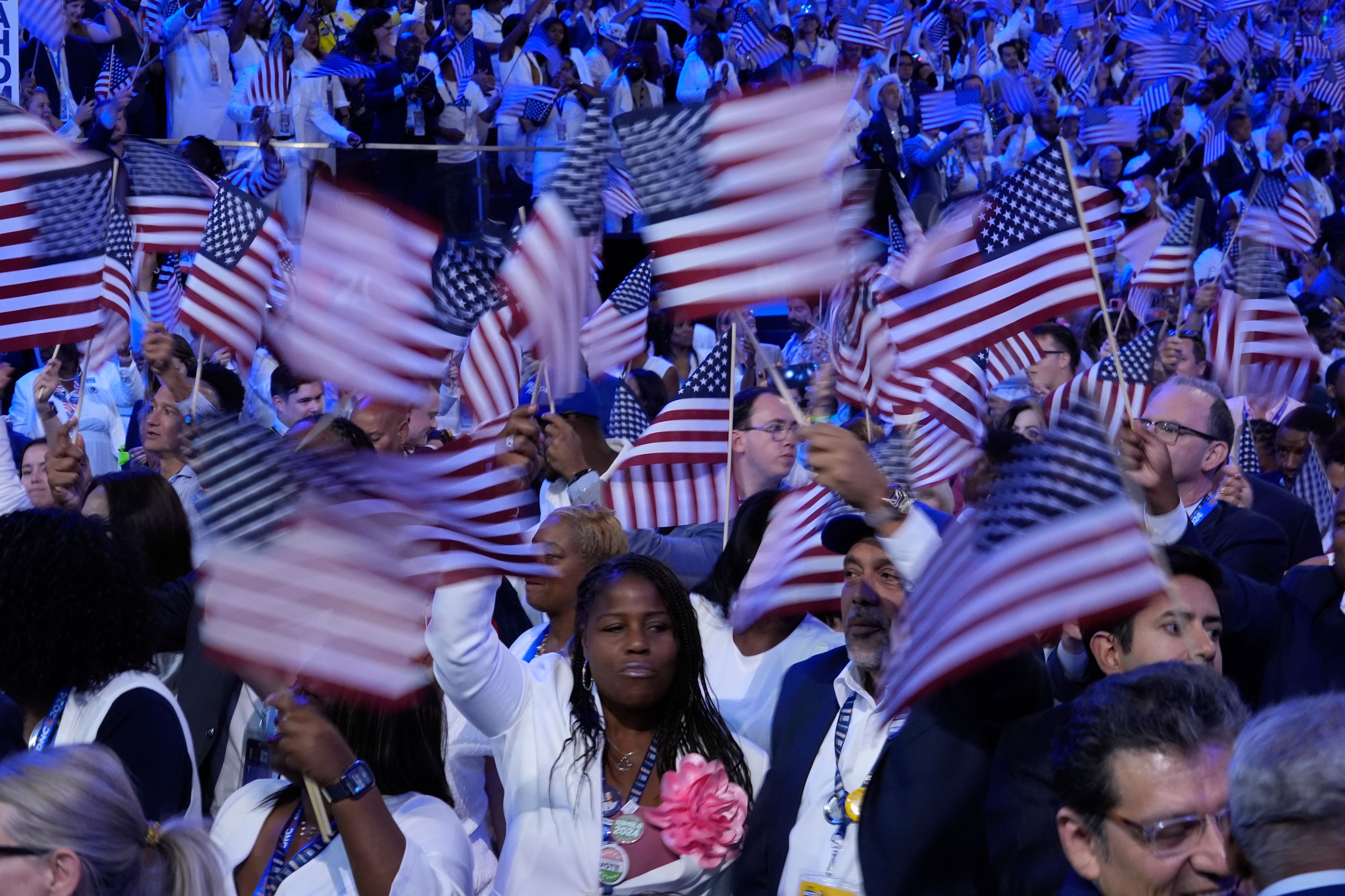 Delegates cheer during the Democratic National Convention Thursday, Aug. 22, 2024, in Chicago. (AP Photo/Paul Sancya)