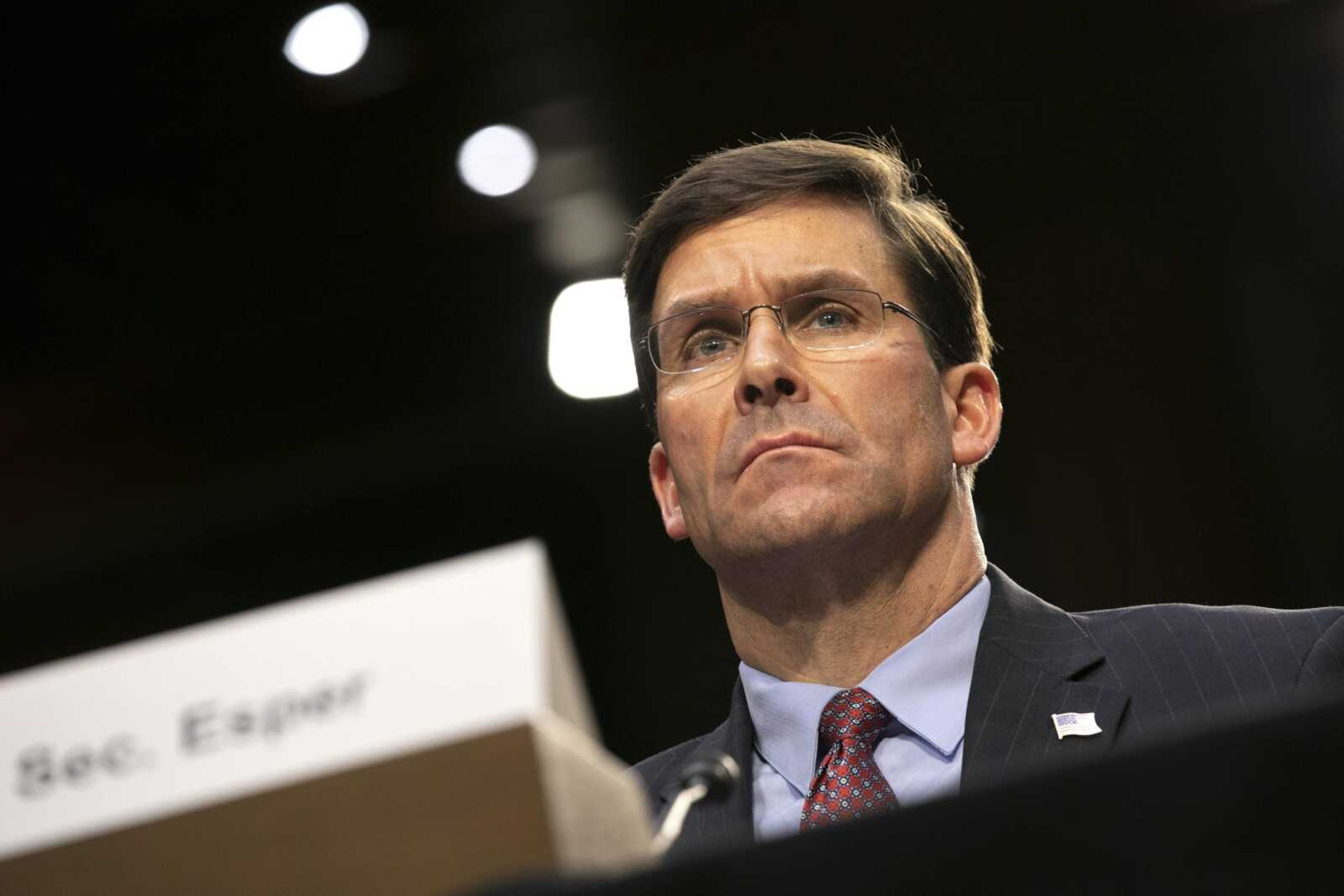 Defense Secretary Mark Esper testifies to the Senate Armed Services Committee about the budget March 4 on Capitol Hill in Washington.