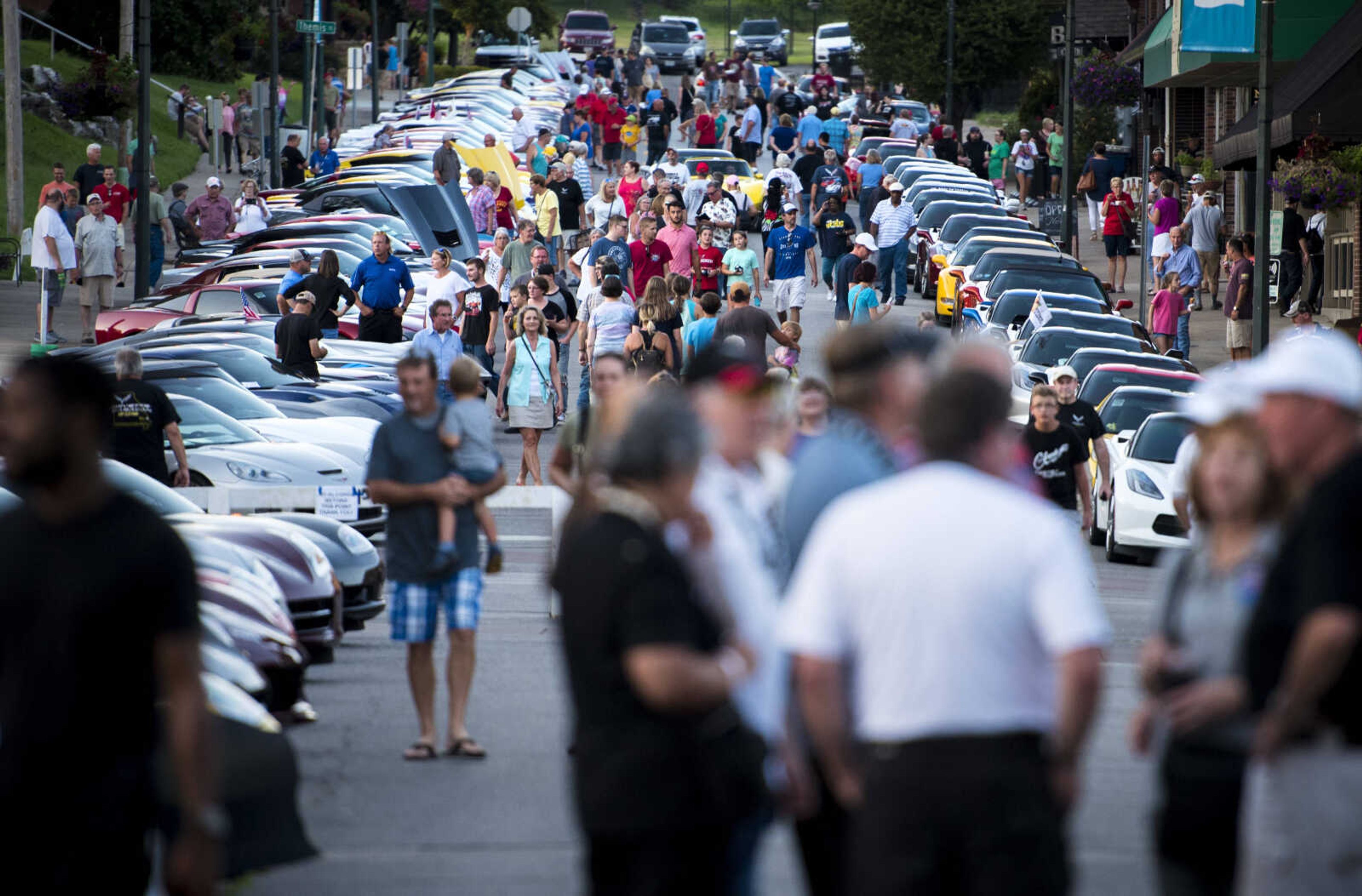 Corvettes line both sides of Spanish Street after a parade Aug. 27, 2019, in Cape Girardeau.