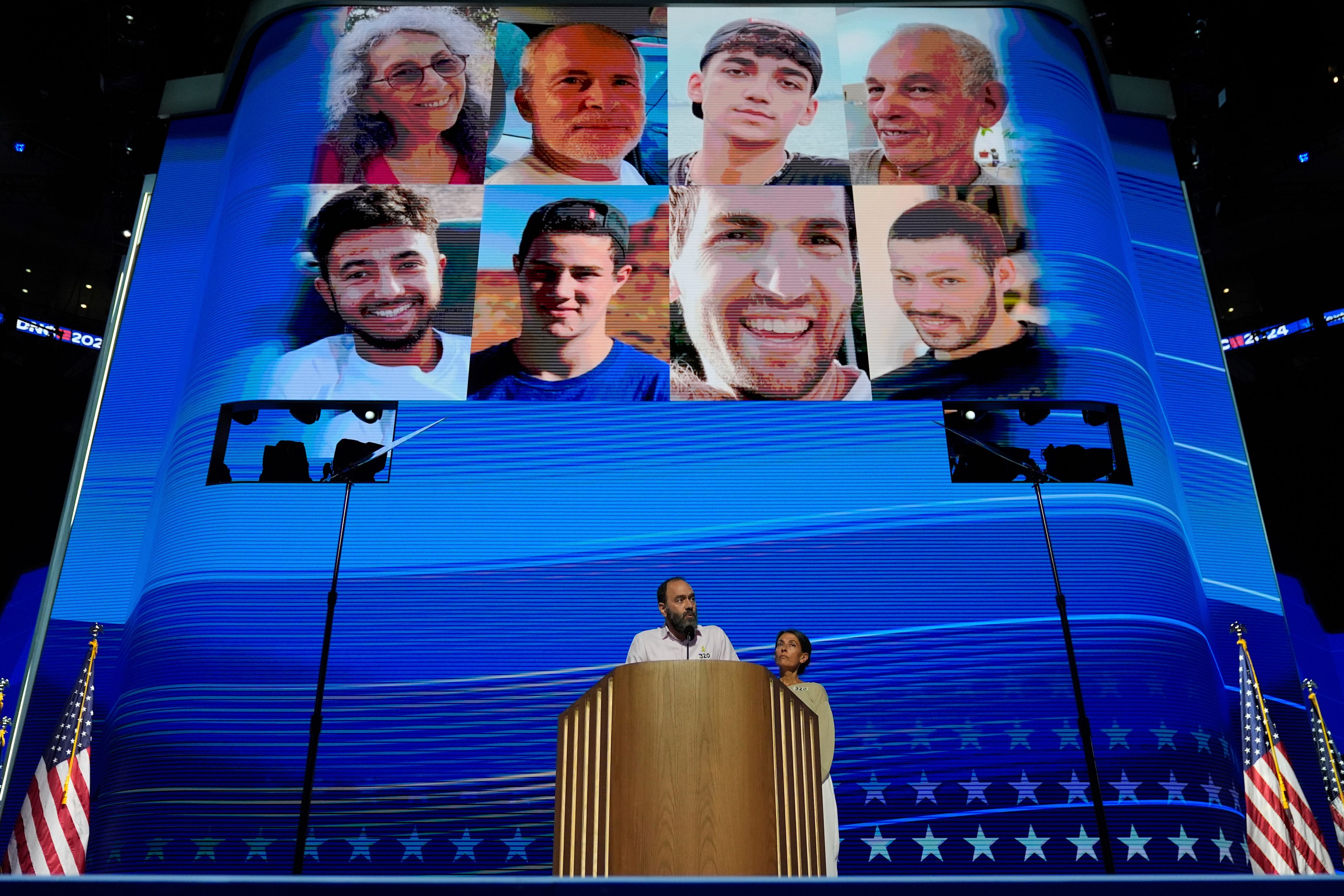 Jon Polin and Rachel Goldberg, parents of hostage Hersh Goldberg-Polin speaks during the Democratic National Convention Wednesday, Aug. 21, 2024, in Chicago. (AP Photo/Erin Hooley)