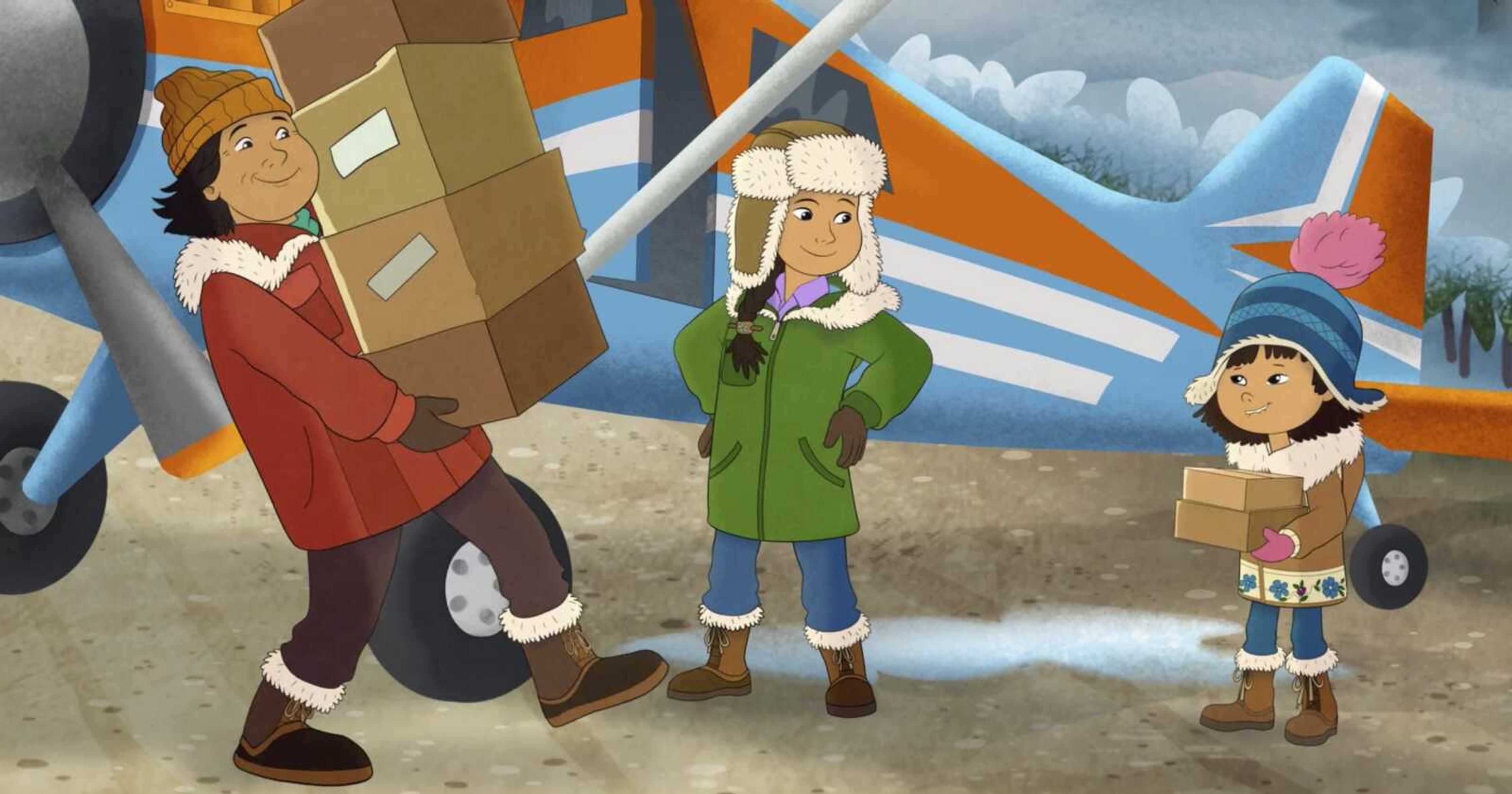 This image released by PBS shows characters, from right, Molly, voiced by Sovereign Bill, her mother, voiced by Jules Koostachin, and father, voiced by Ron Harris, in a scene from the animated series  Molly of Denali.  The animated show, which highlights the adventures of a 10-year-old Athabascan girl, Molly Mabray, premieres July 15 on PBS Kids. (PBS via AP)