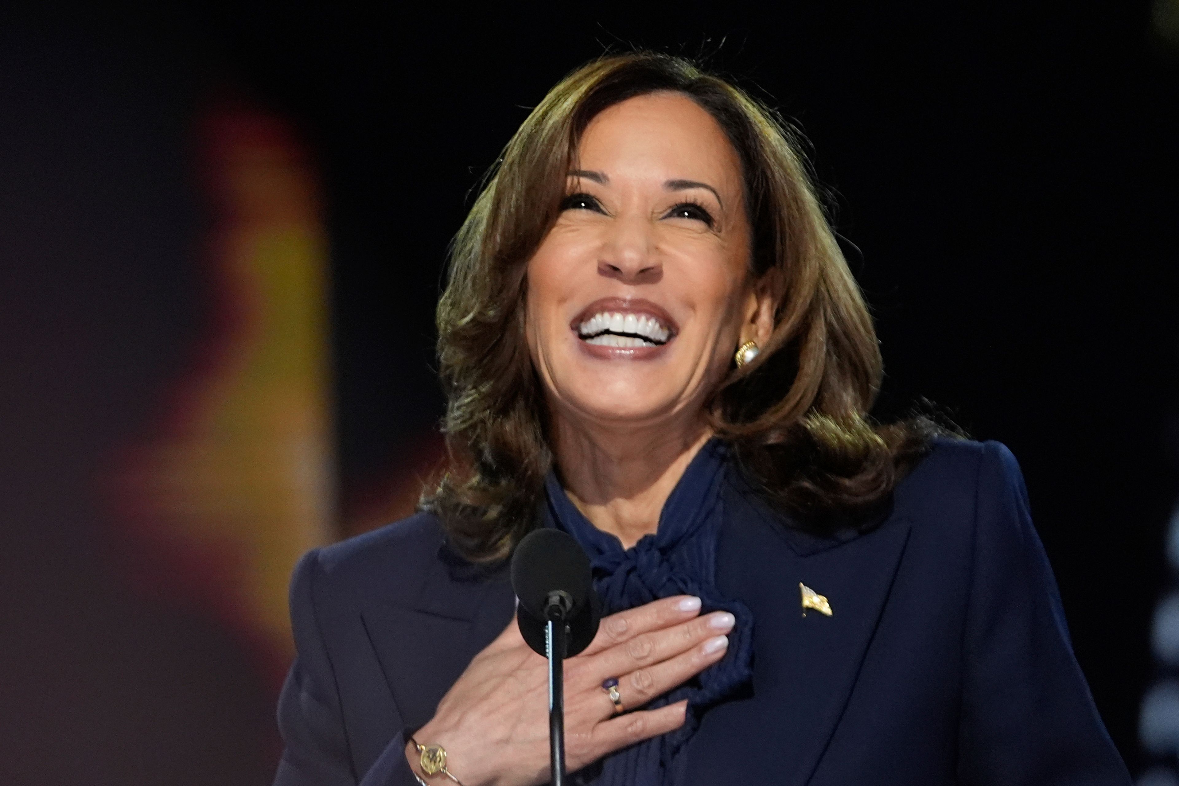 Democratic presidential nominee Vice President Kamala Harris speaks during the Democratic National Convention Thursday, Aug. 22, 2024, in Chicago. (AP Photo/Paul Sancya)