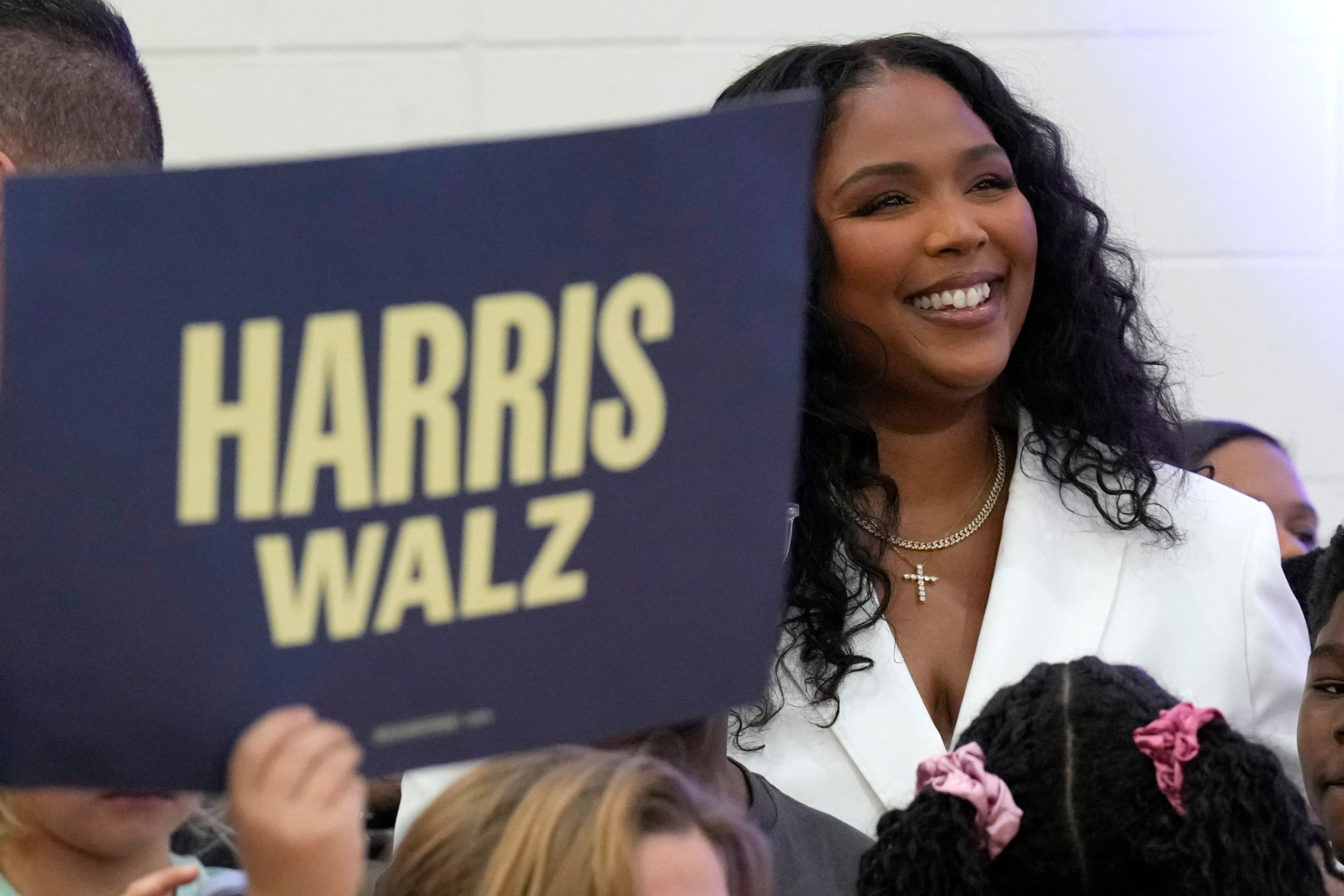 Lizzo attends a campaign event for Democratic presidential nominee Vice President Kamala Harris at Western International High School in Detroit, Saturday, Oct. 19, 2024. (AP Photo/Jacquelyn Martin)