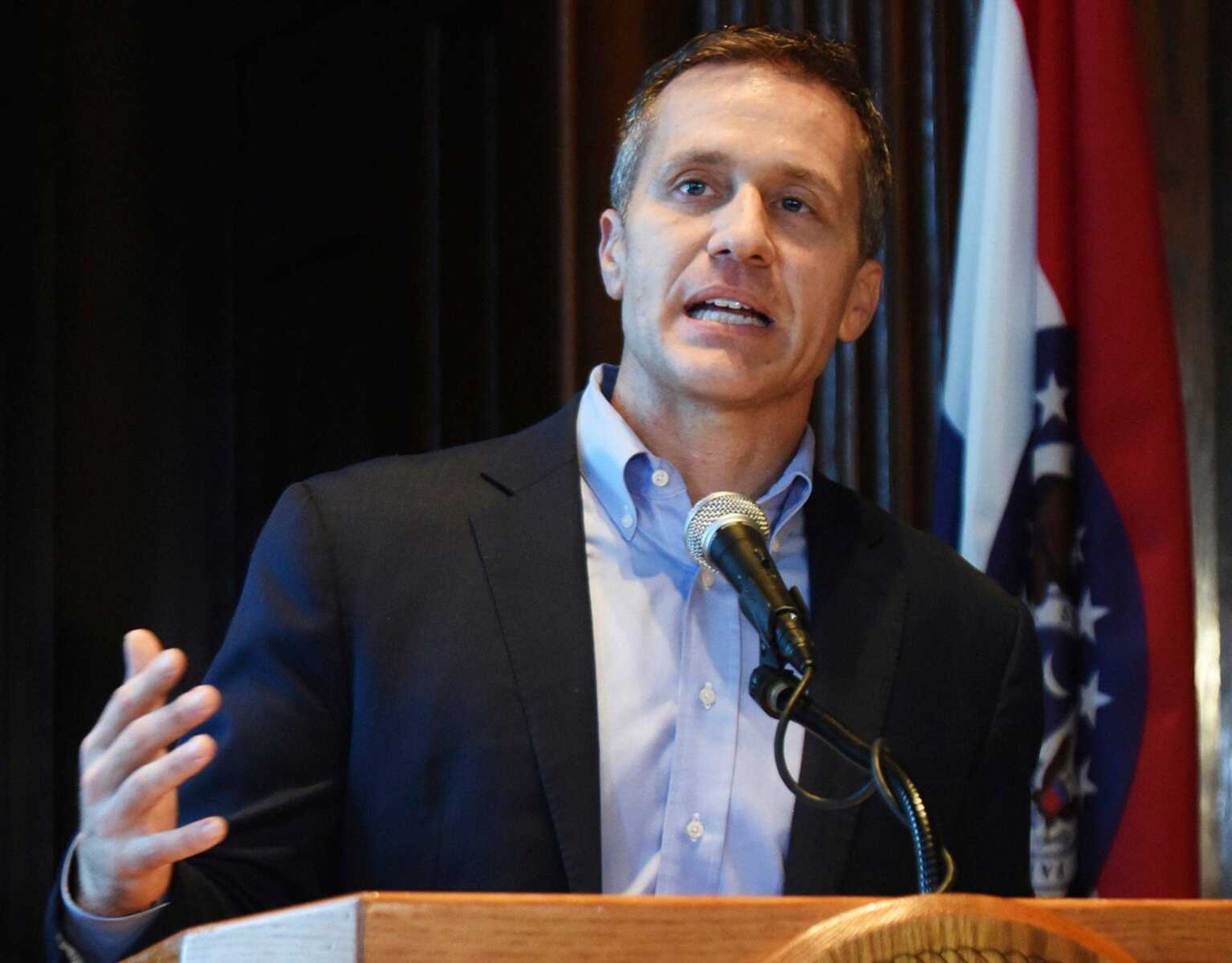 Gov. Eric Greitens speaks Wednesday at a news conference about allegations related to his extramarital affair with his hairdresser, in Jefferson City, Missouri.