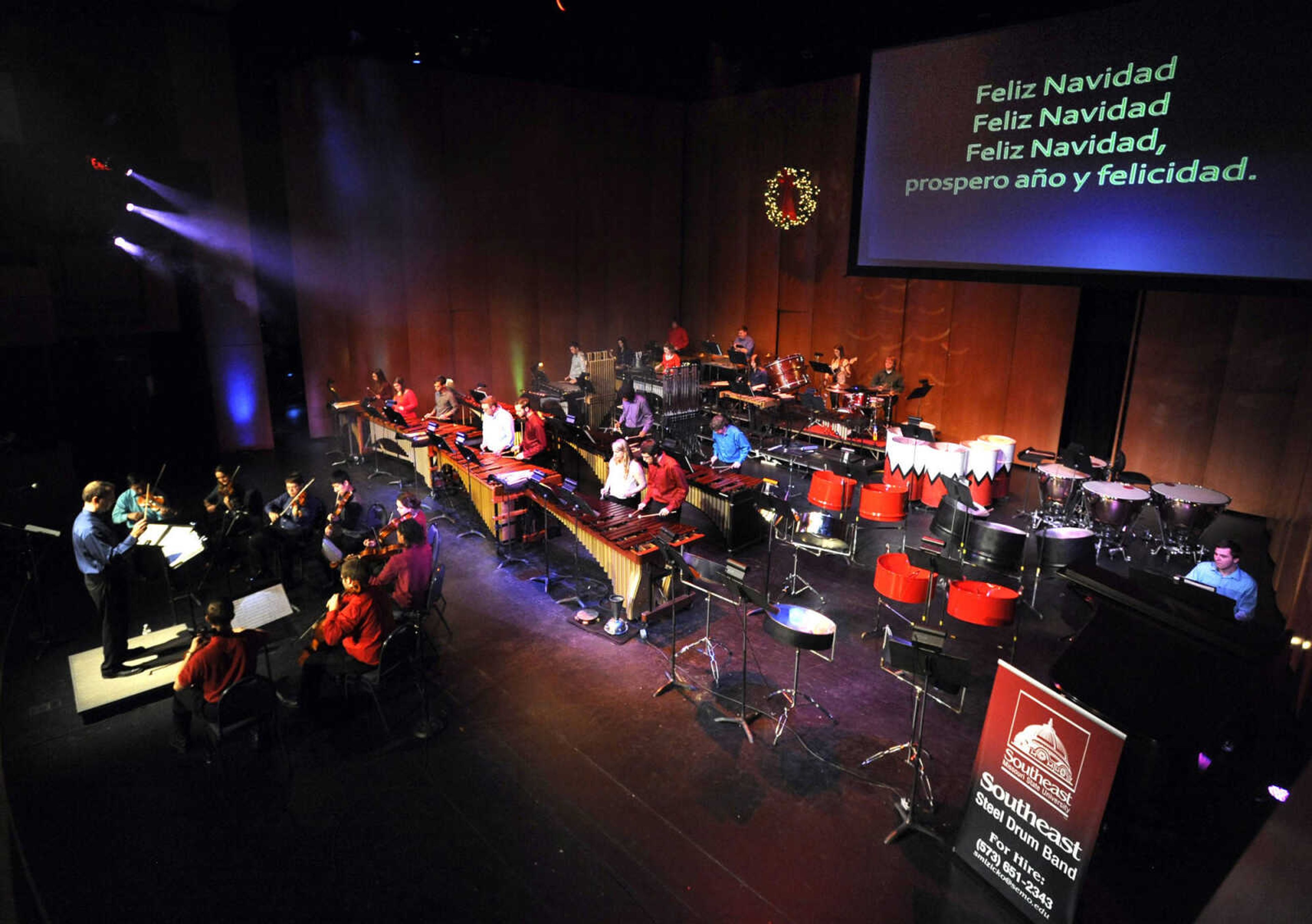 Members of the Southeast Missouri State University Percussion Ensemble perform at the Family Holiday Concert Saturday, Dec. 13, 2014 at Bedell Performance Hall on the River Campus.