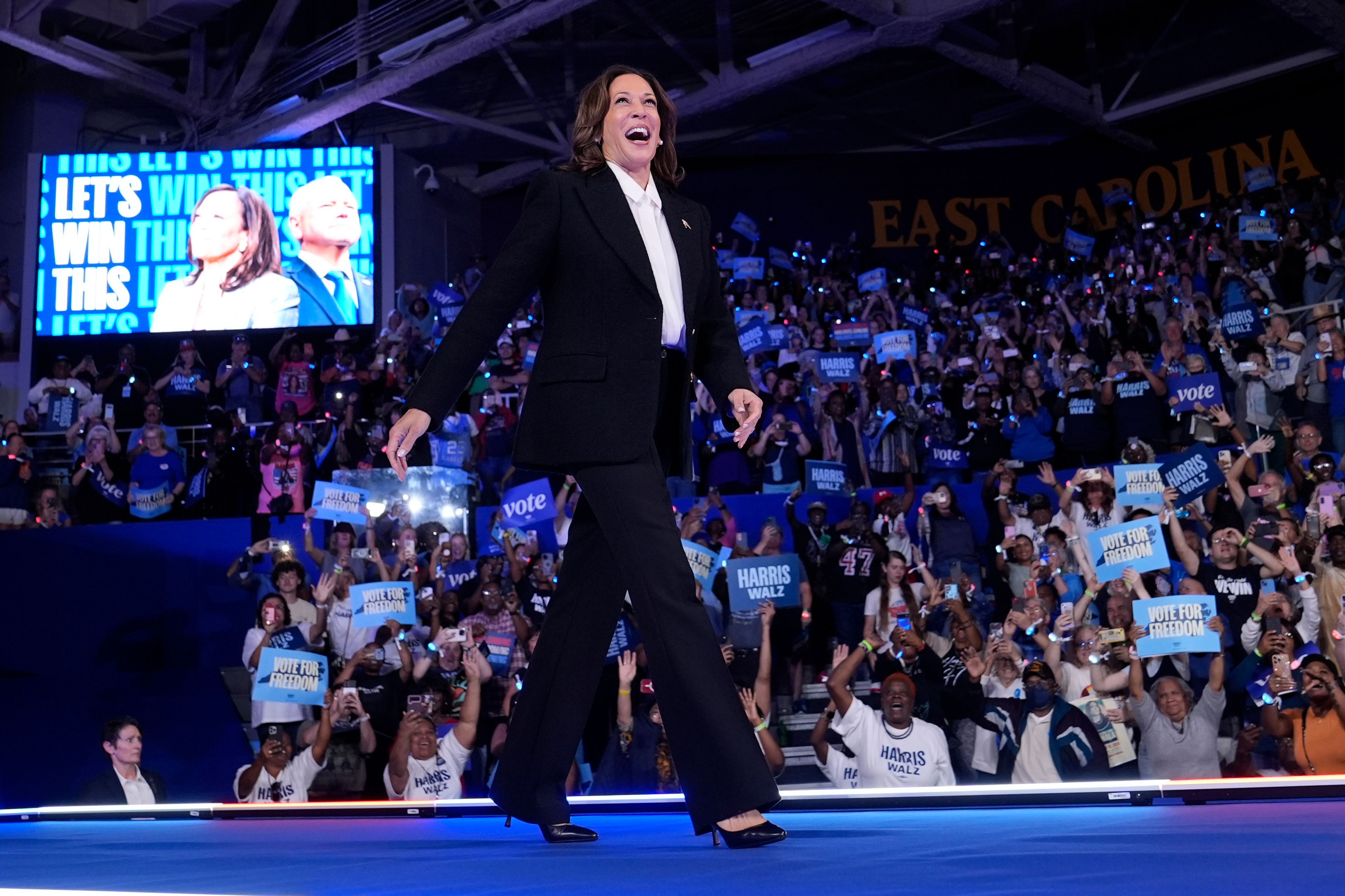 Democratic presidential nominee Vice President Kamala Harris arrives to speak at a campaign rally at East Carolina University in Greenville, N.C., Sunday, Oct. 12, 2024. (AP Photo/Susan Walsh)