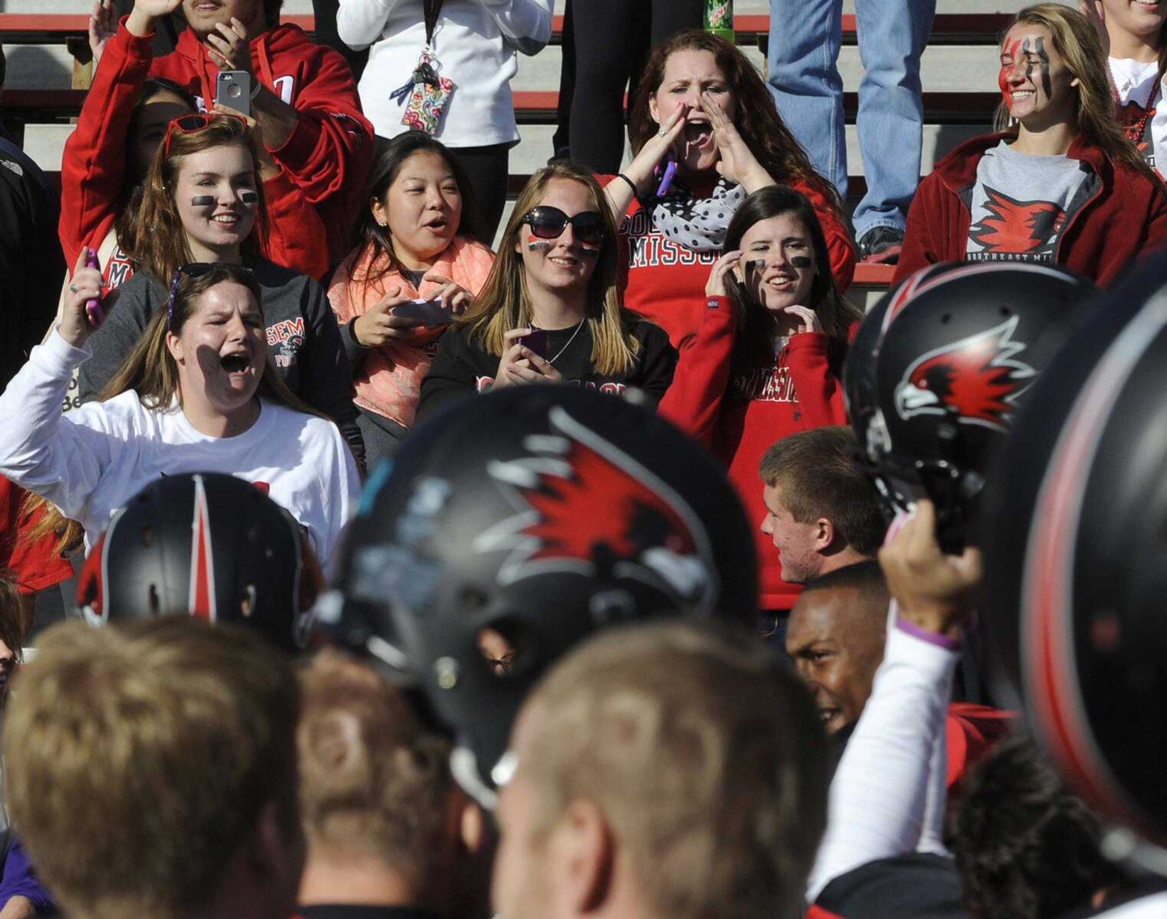 Southeast Missouri State fans celebrate with the Redhawks after their 28-21 win over Tennessee State on Saturday, Oct. 4, 2014 at Houck Stadium. (Fred Lynch)