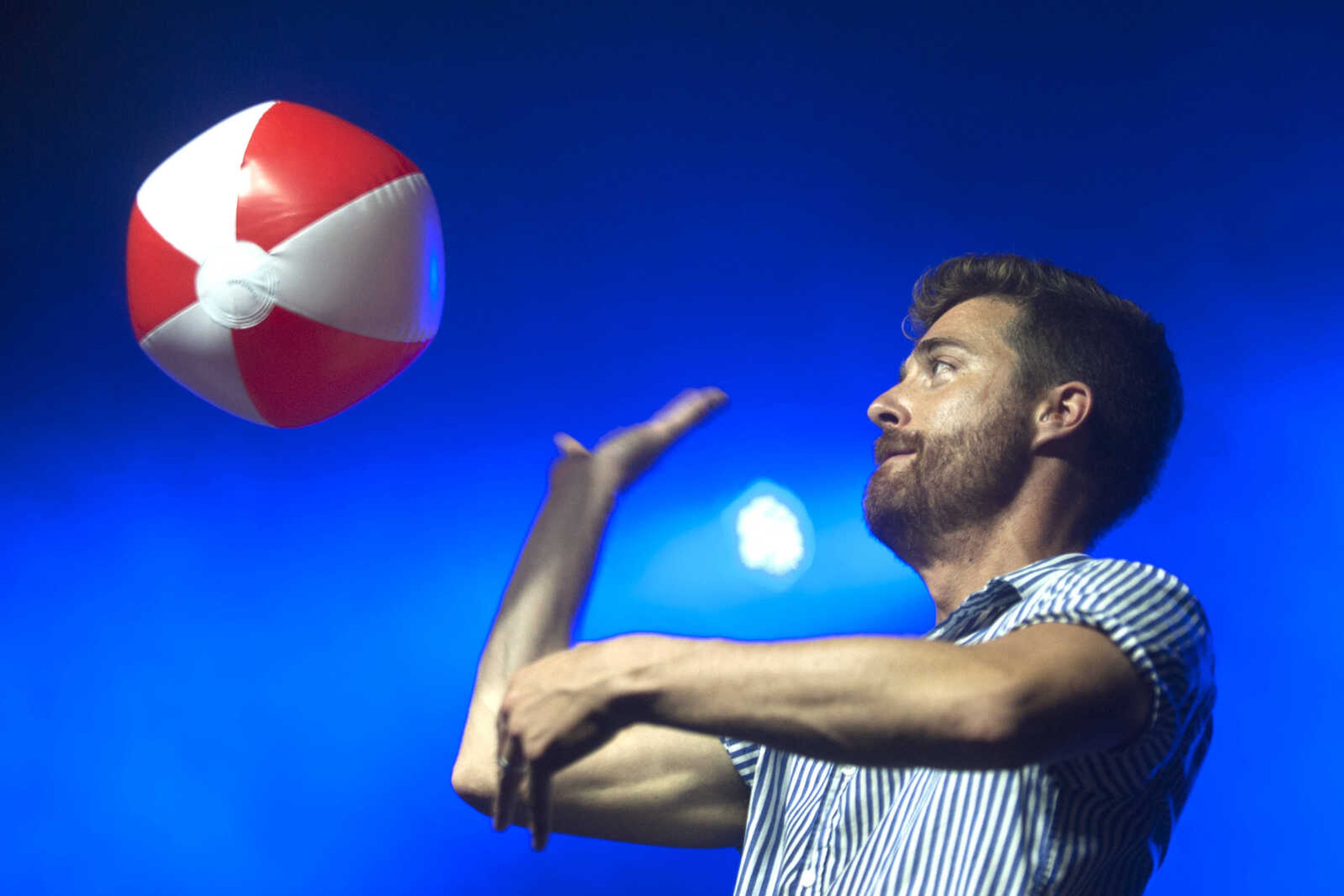 Jukebox the Ghost vocalist/pianist Ben Thornewill swats a beach ball into the crowd during the second-annual Shipyard music festival Saturday, Sept. 28, 2019, at Ivers Square in Cape Girardeau.