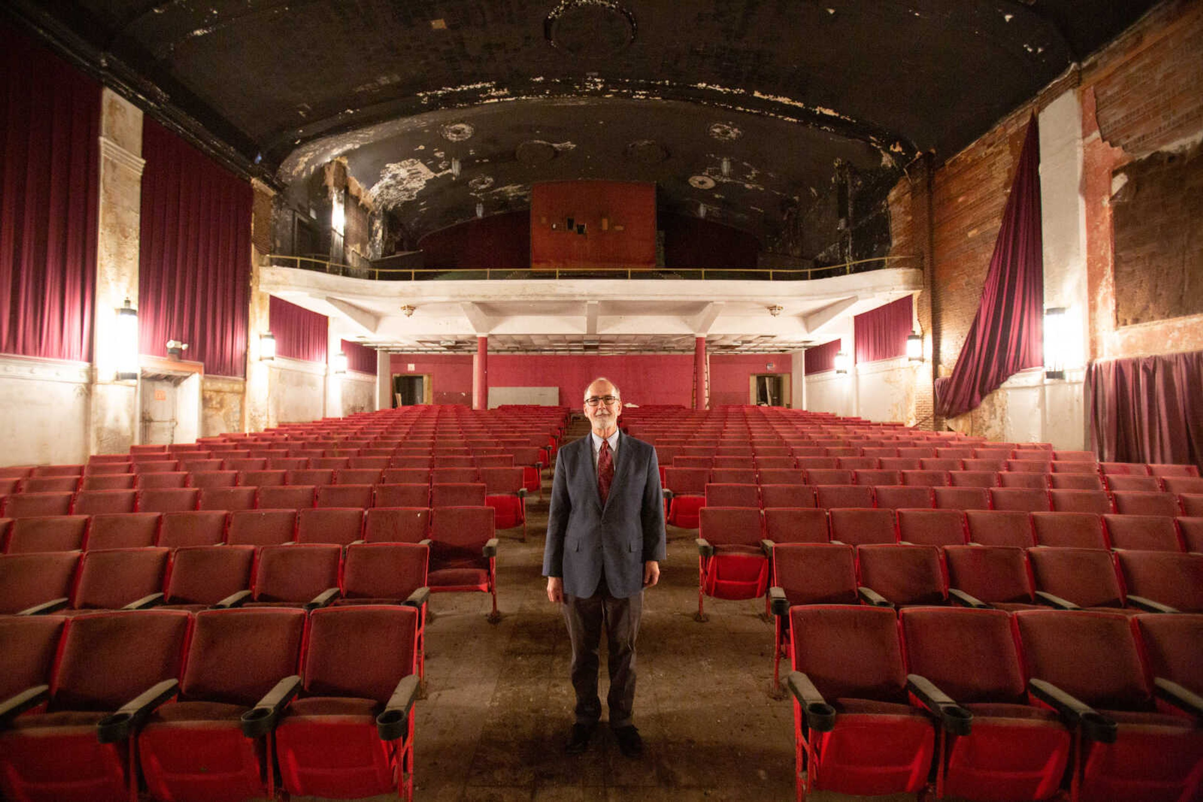 Dr. Steven Hoffman, historic preservation program coordinator and professor of history and anthropology at Southeast Missouri State University, stands for a photo in the Broadway Theater in Cape Girardeau.