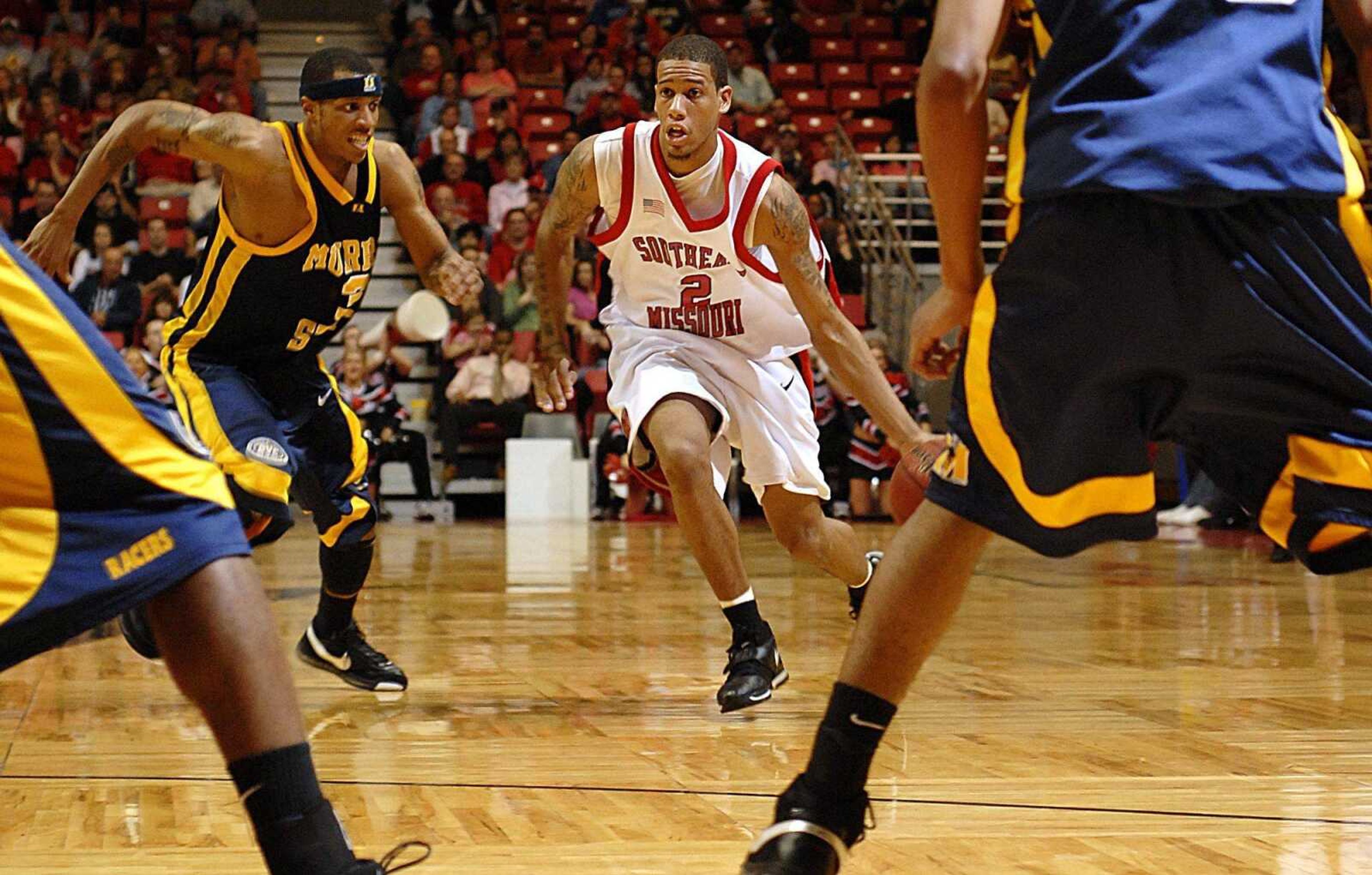 Southeast 's Jaycen Herring looked for an opening in the Murray State defense.