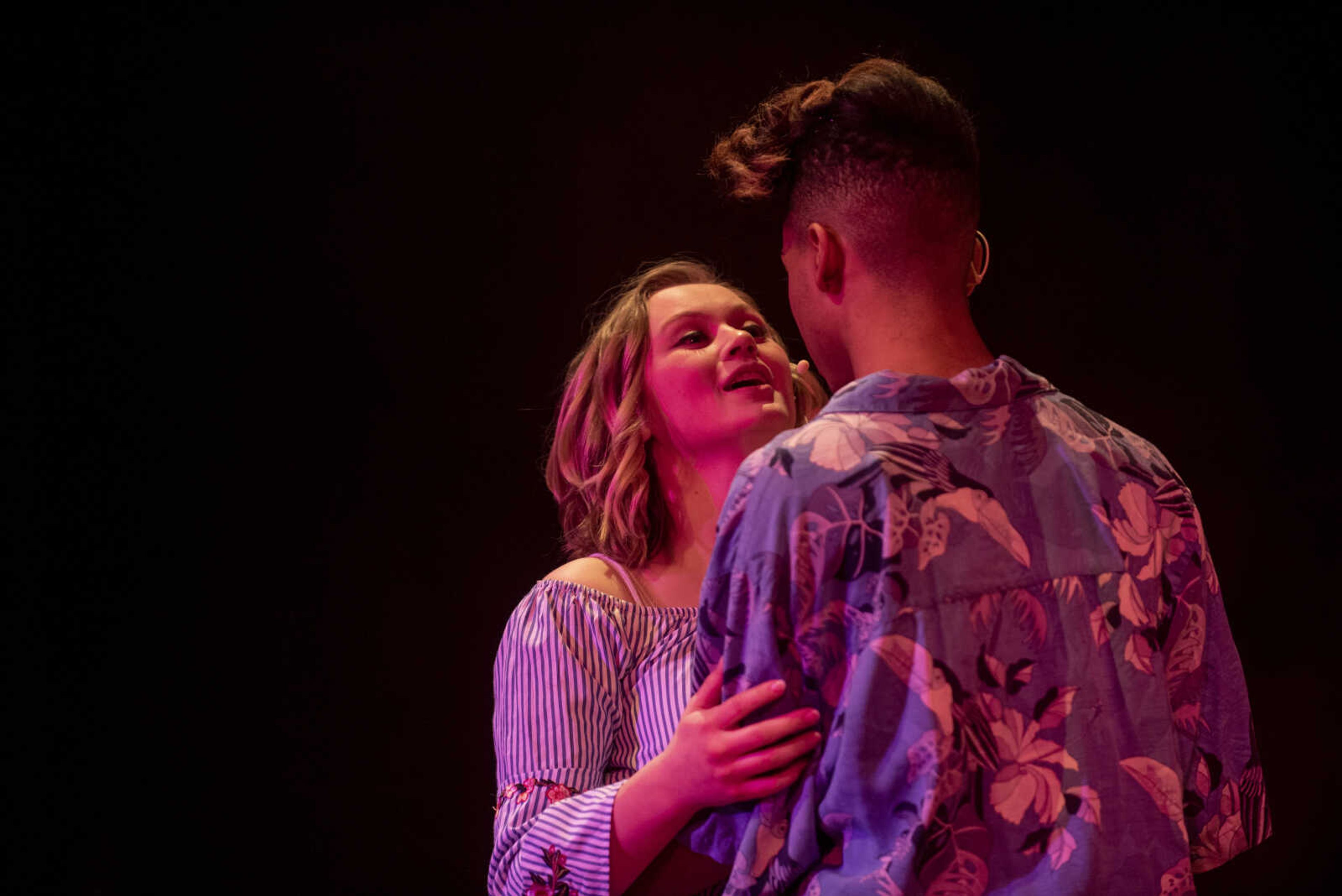 Hannah Hansen sings "Lay All Your Love On Me" to Izahia Betancur as they perform their respective roles of Sophie Sheridan and Sky during the media night of Cape Central High School's spring musical production of "Mamma Mia!" Wednesday, April 10, 2019, in Cape Girardeau.