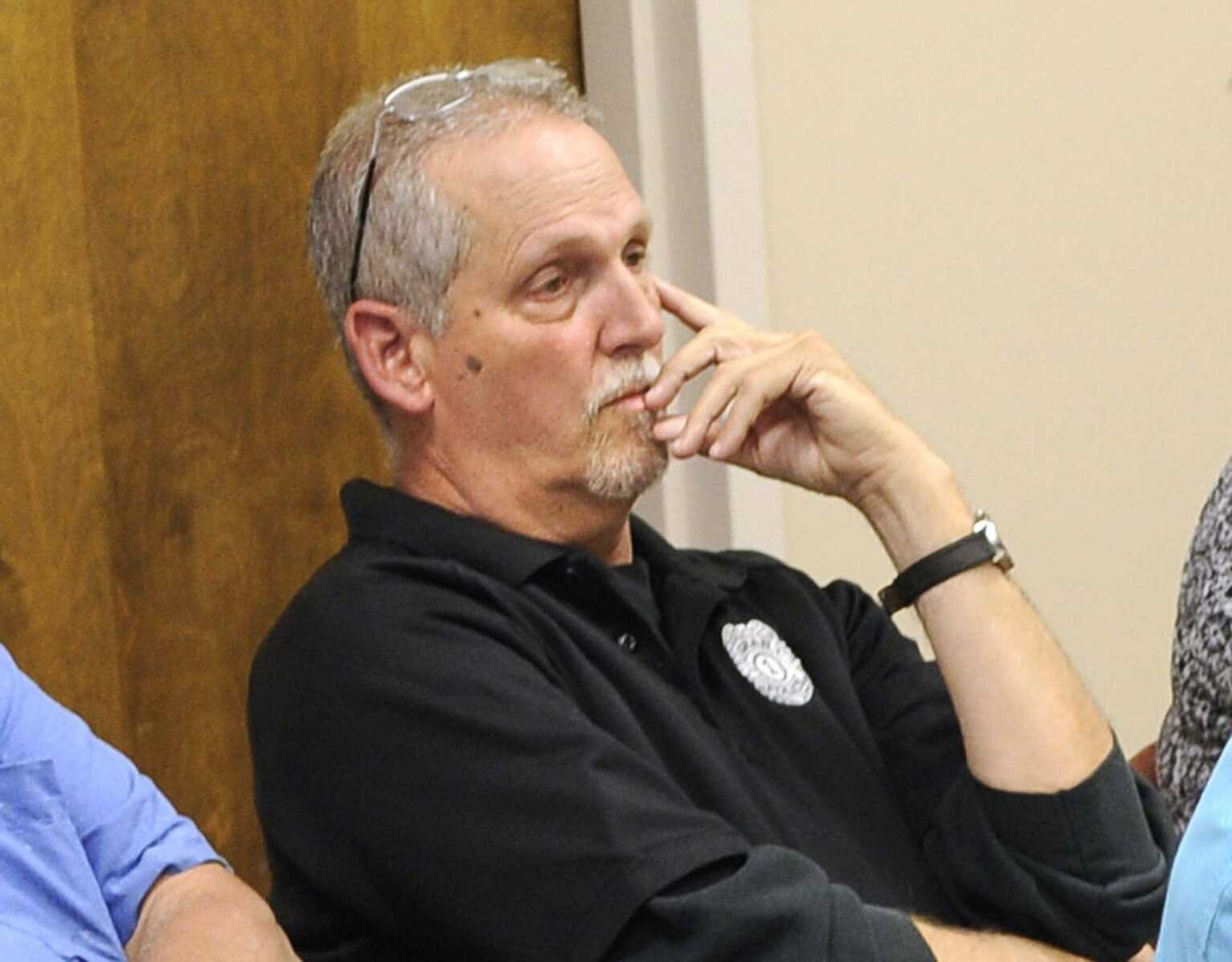 Oran, Missouri, police chief Gregg Ourth attends a meeting of the Oran Board of Aldermen on May 16 in Oran.